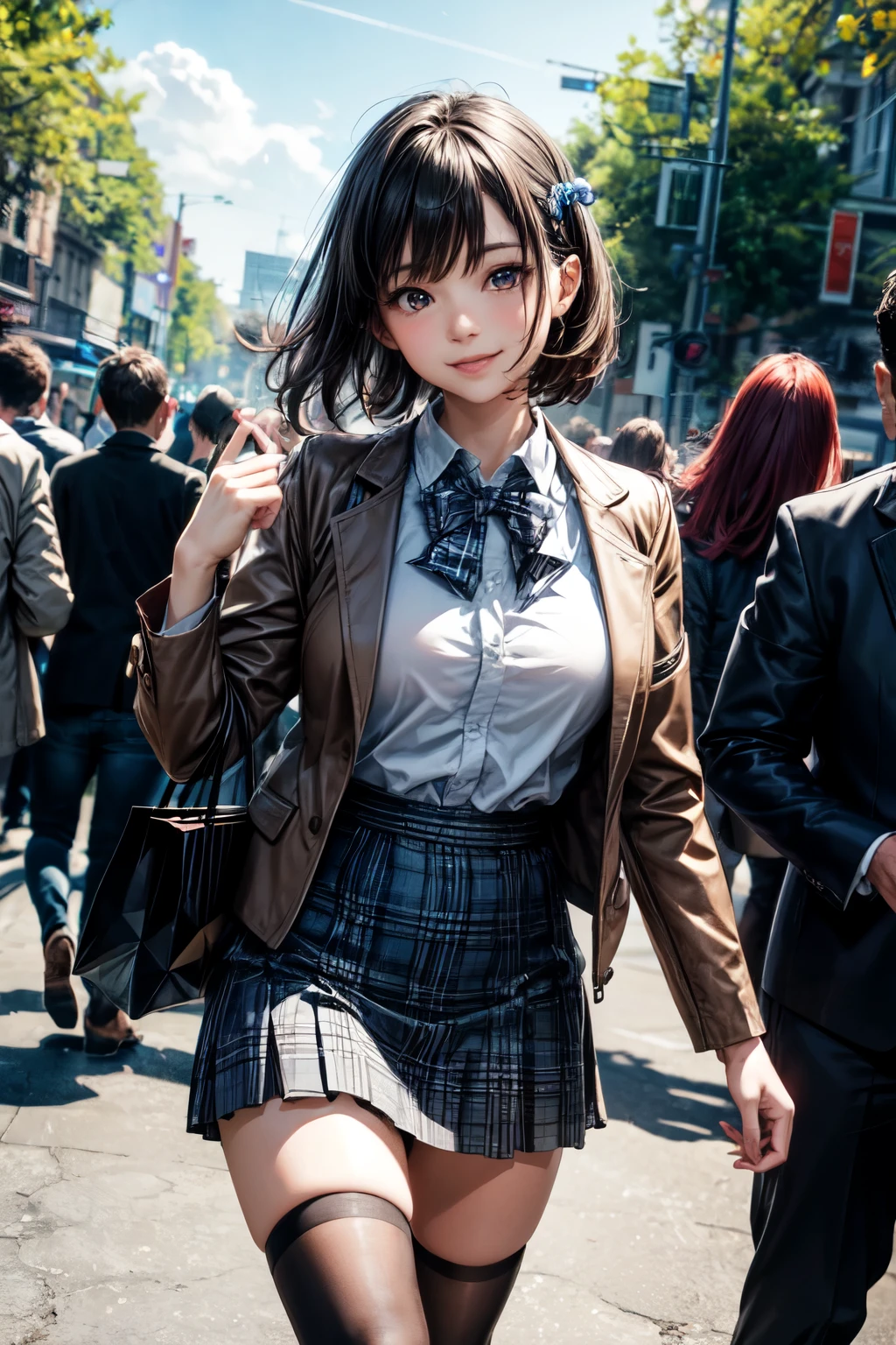 very cute and beautiful girl,(highly detailed beautiful face),(smile),happy,cowboy shot,
(brown jacket),collared shirt,plaid bowtie BREAK detailed legs,zettai ryouiki,brown shoulder bag,brown boots,
stylish pose,dynamic angle,hair ornament,black hair,(blue plaid mini skirt:1.12),shopping street,summer,roadside trees,people,crowd,
(best quality,masterpiece:1.0),absurdres,highres,ultra-detailed,extremely detailed,32k,8k resolution,
intricate details,cinematic scene,detailed background,solo,dynamic angle,
solo,natural lighting,hair fluttering in the wind,beautiful detailed sky,