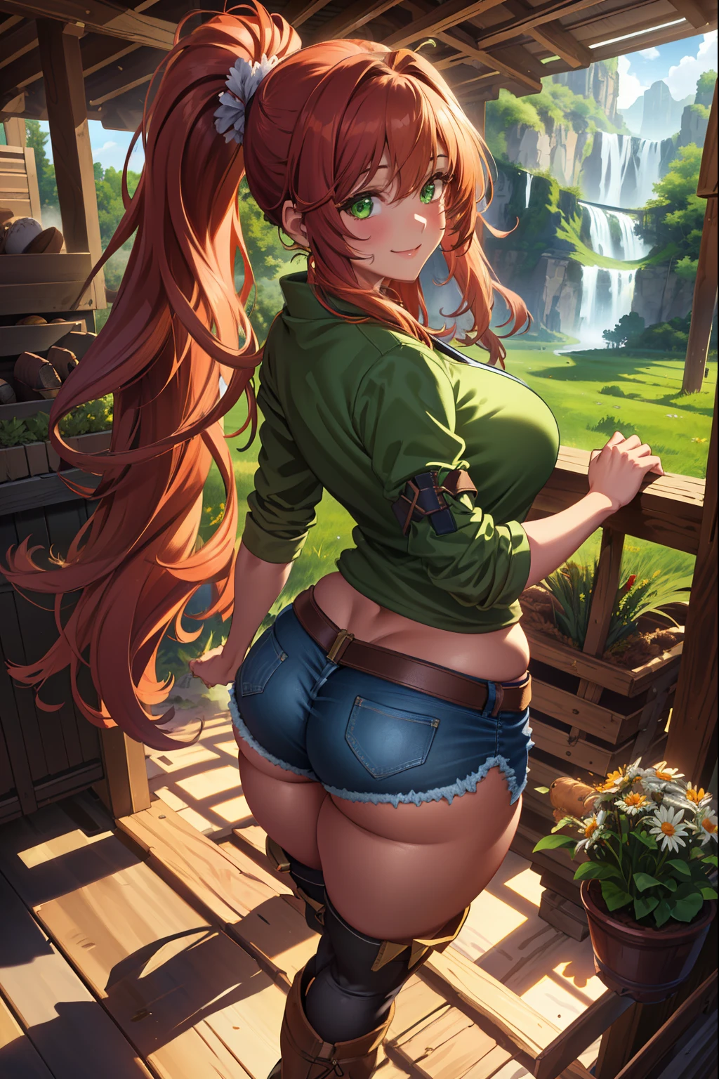 (extremely detailed CG unity 4k wallpaper),(masterpiece),(best quality),(ultra-detailed),(best illustration),(best shadow),(absurdres),(detailed background), Red long hair (Ponytail), green eyes, Daisy dukes, Smiling, Boots, Farm, wide hips, big ass, thick thighs,