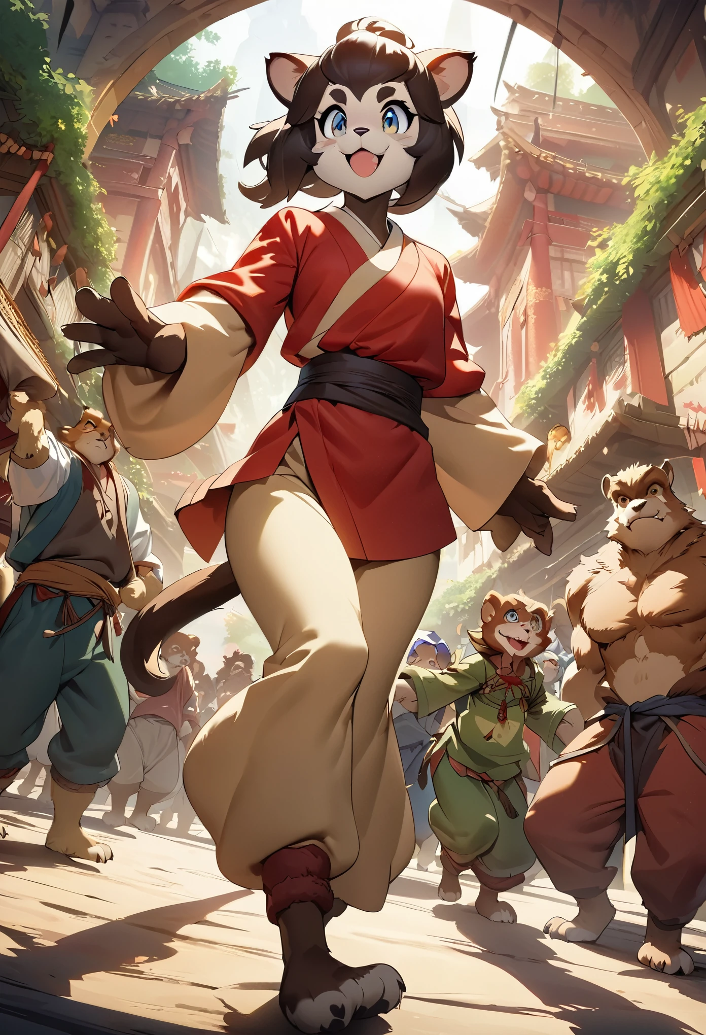 dynamic angle, top quality, best quality, High-quality illustrations, masterpiece, super high resolution, detailed background, detailed background, Monkey A Journey to the West, action, group shot:0.1, 6+boys, 6+girls, absurdres(highly detailed beautiful face and eyes)perfect anatomy, expression, good lighting, cinematic shadow(kemono, furry anthro),