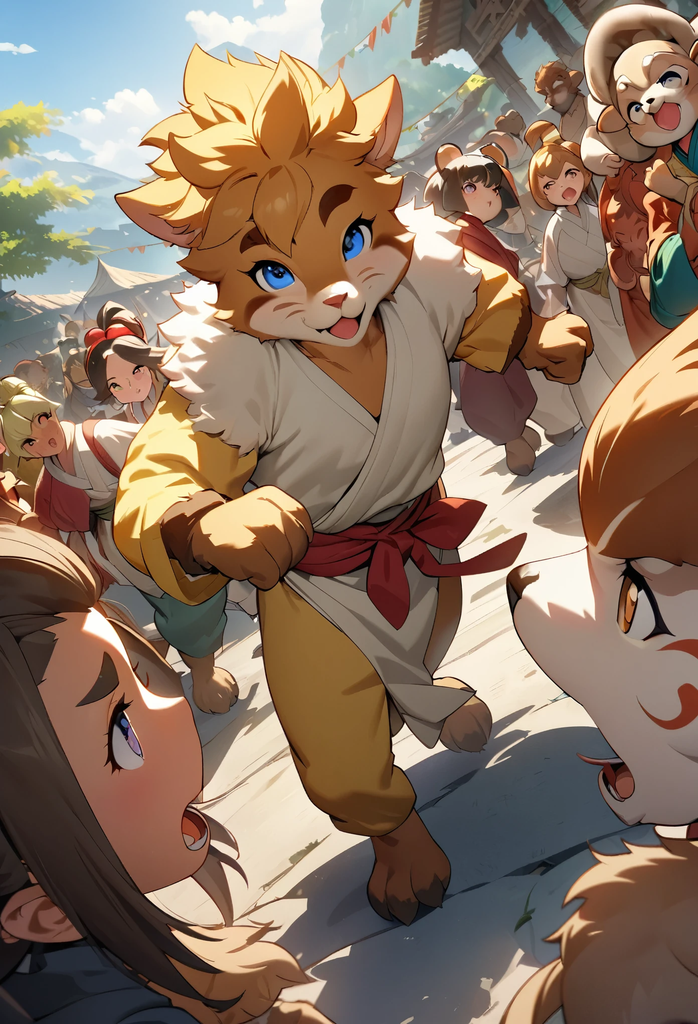dynamic angle, top quality, best quality, High-quality illustrations, masterpiece, super high resolution, detailed background, detailed background, Monkey A Journey to the West, action, group shot:0.1, 6+boys, 6+girls, absurdres(highly detailed beautiful face and eyes)perfect anatomy, expression, good lighting, cinematic shadow(kemono, furry anthro),