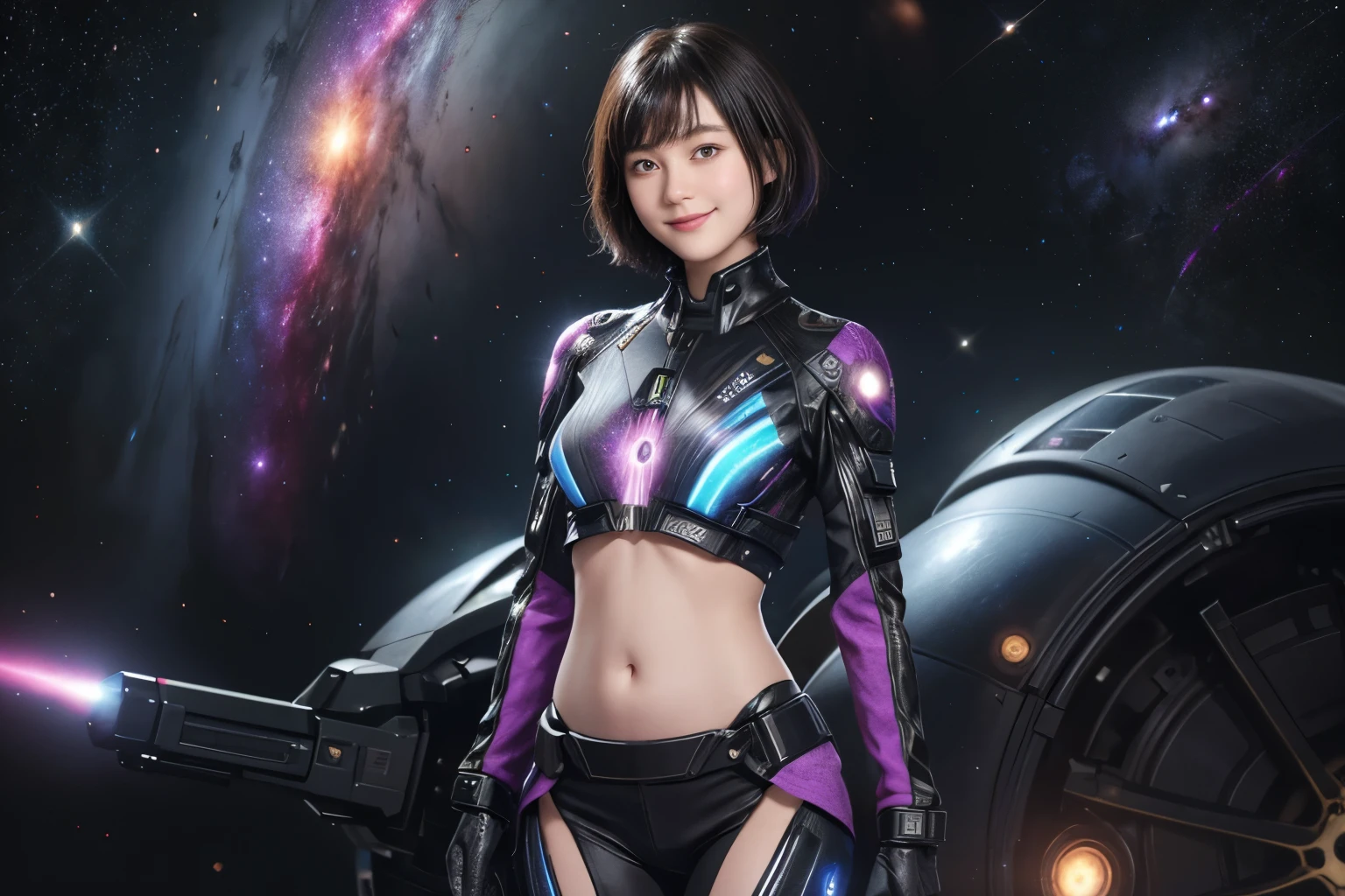 213 Short Hair, 20-year-old woman, A kind smile, Floral, Futuristic clothing, machinery suit, (The background is a galaxy and nebula), ((Belly-revealing clothing))