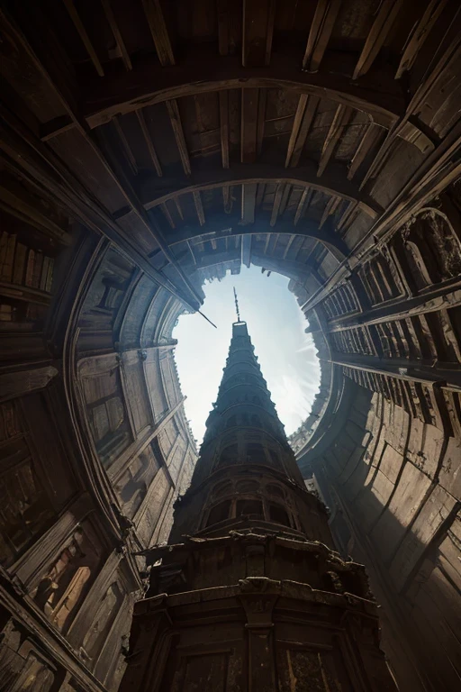 inside of an old delapidated tower, ((darkness)), looking up, POV, frog perspective, walls lined with shelves, papyrus scrolls, parchments, matching background, matching perspective