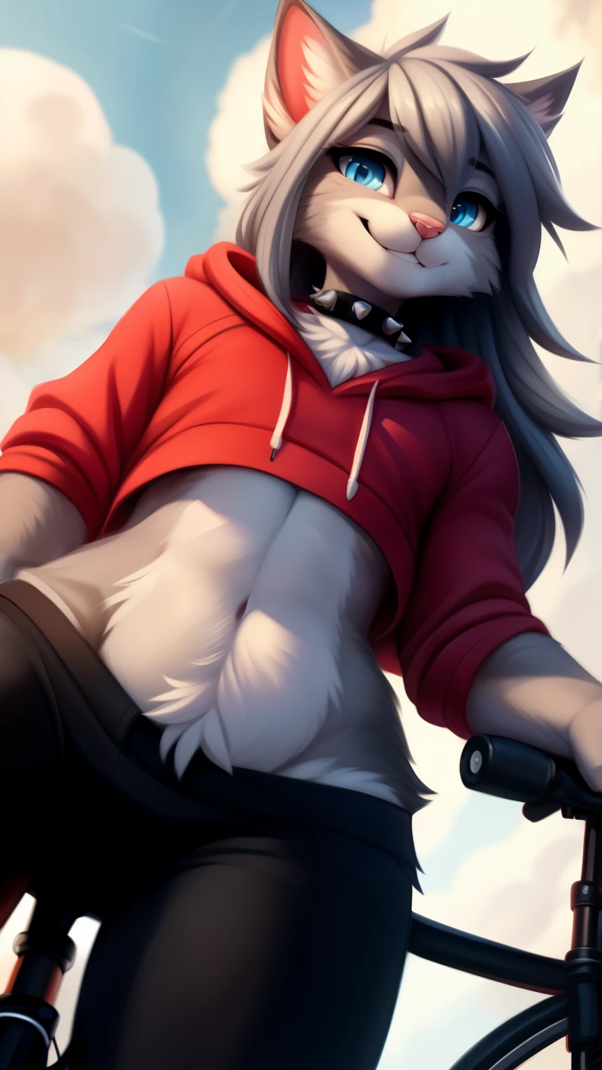 Nervous smiling, uploaded the e621, beautiful and detailed, man (((male))) ((anthro)) Cat, (Cat boy), by waspsalad, by phluks, by zero-sum, cinematic lighting, Cat, (anthro, fluffy fur, character focus:), 1boy, anthro cat boy, body fur, gray fur, gray body, gray hair, long hair, curvy, sexy, nice, cute, hot, digital drawing, (half-closed eyes), blue eyes, pink cropped hoodie, low-angle view, bottomless, spiked collar, bicycle, flat chested
