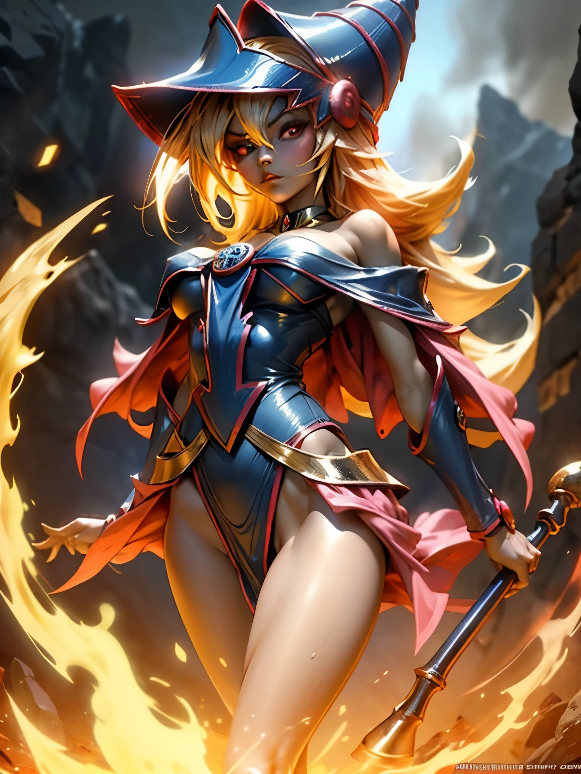 Dark magician gils como ave feniz. Cabello de llamas. Ojos azules. Labios rojos. Pose sensual. Fondo de infierno. She's on fire and she's coming for you. Pose sensual. Desnuda 