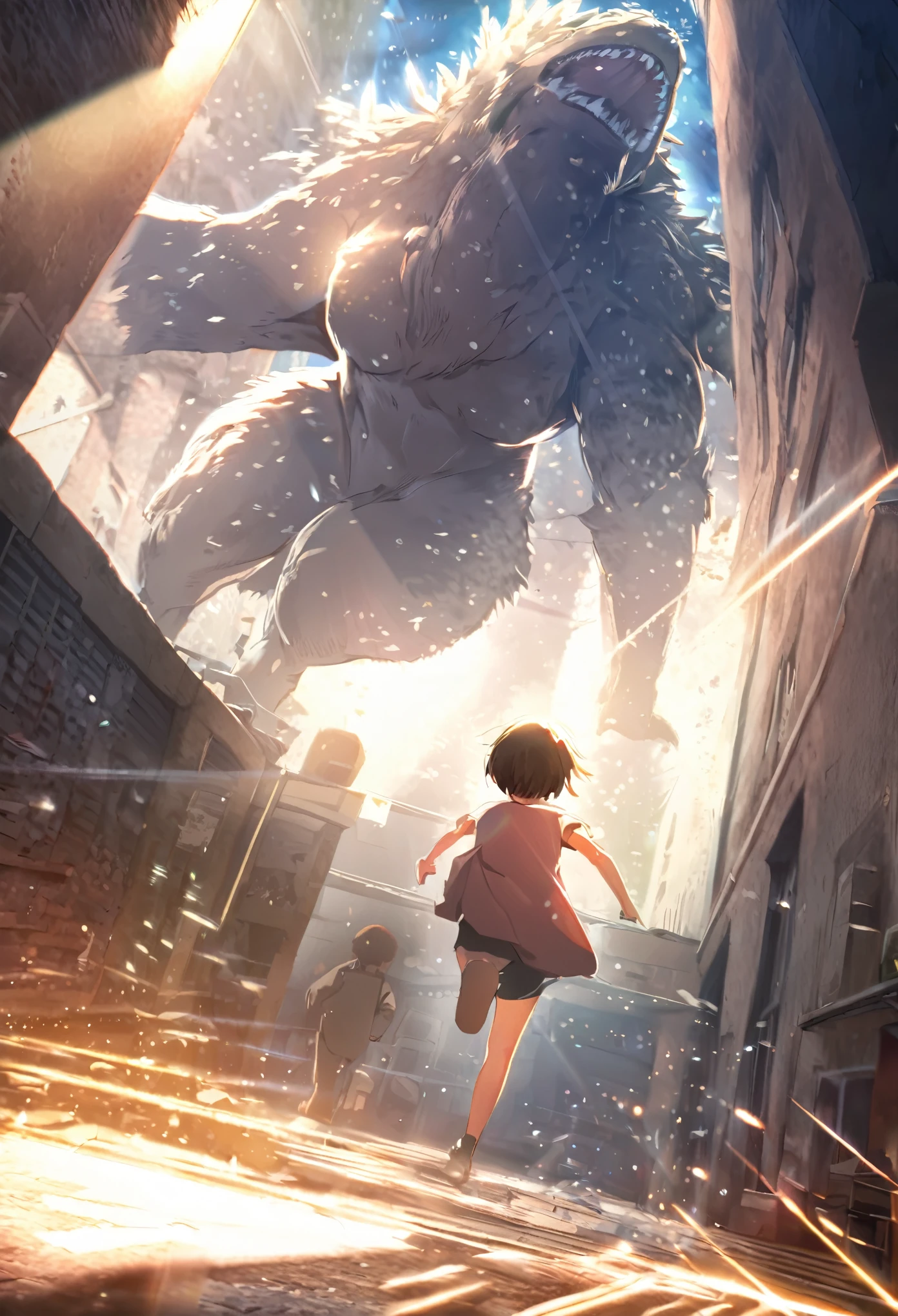 top quality, best quality, High-quality illustrations, masterpiece, detailed background, Back alleys((battle movie of Terrifying creatures and human children))absurdres, perfect anatomy, Children who are scared and run away, caustics, light rays, dynamic lighting, light particles, lens flare, cinematic shadow(kemono, furry anthro)dynamic angle,