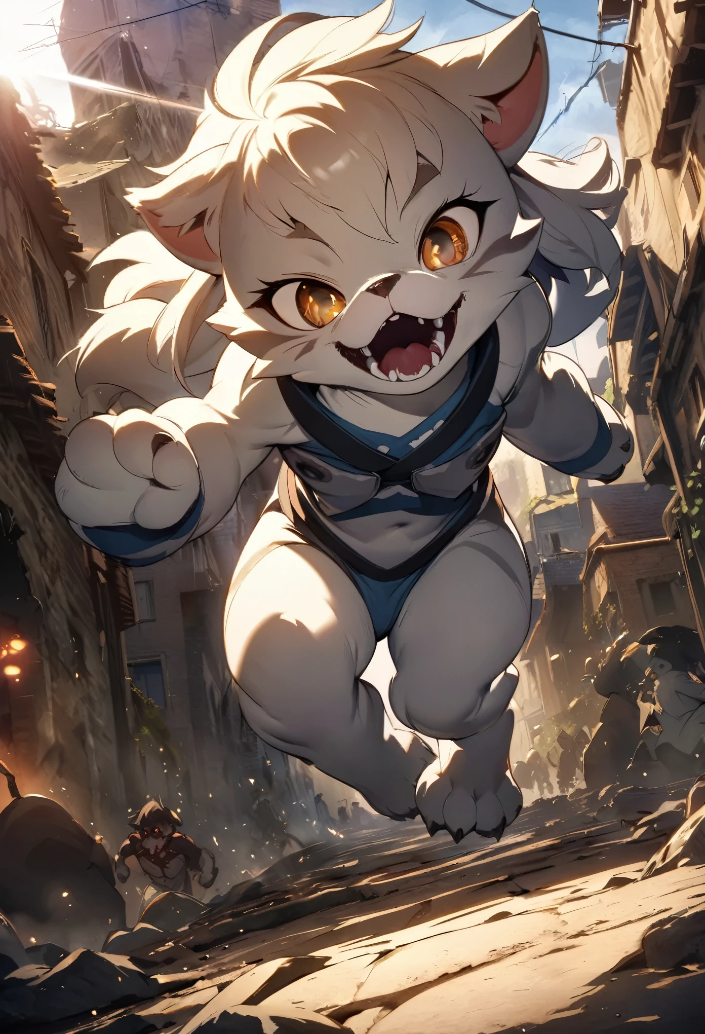 top quality, best quality, High-quality illustrations, masterpiece, detailed background, Back alleys((battle movie of Terrifying creatures and human children))absurdres, perfect ???????, Children who are scared and run away, caustics, light rays, dynamic lighting, light particles, lens flare, cinematic shadow(kemono, furry anthro)dynamic angle,