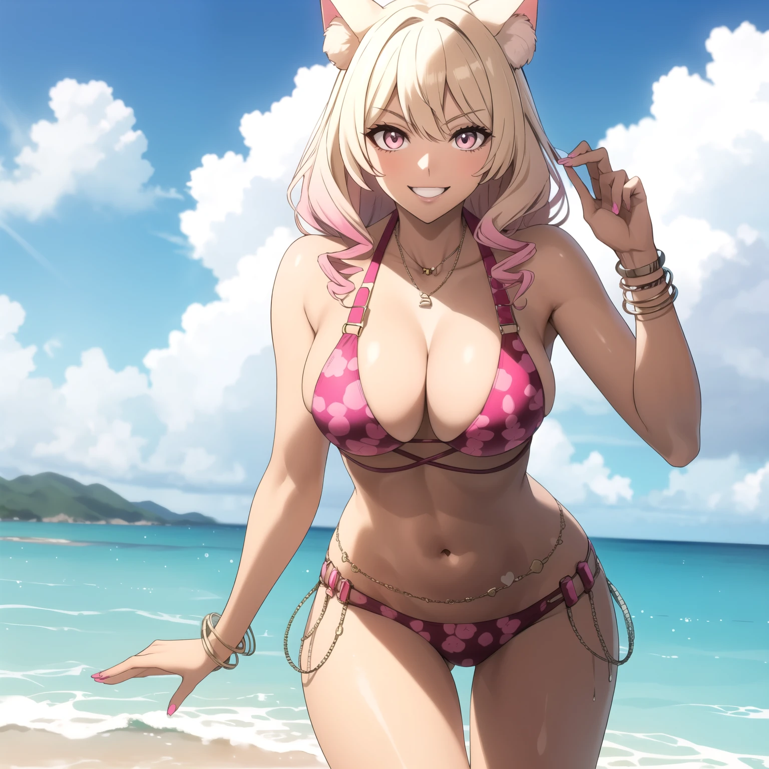 24 year old woman blonde hair with pink tips, orejas de gato, ojos dorados, piel morena, piel bronceada. piel grasa, pechos grandes , bikini rosado, accesorios, sonrisa, fondo una playa, cuerpo completo.