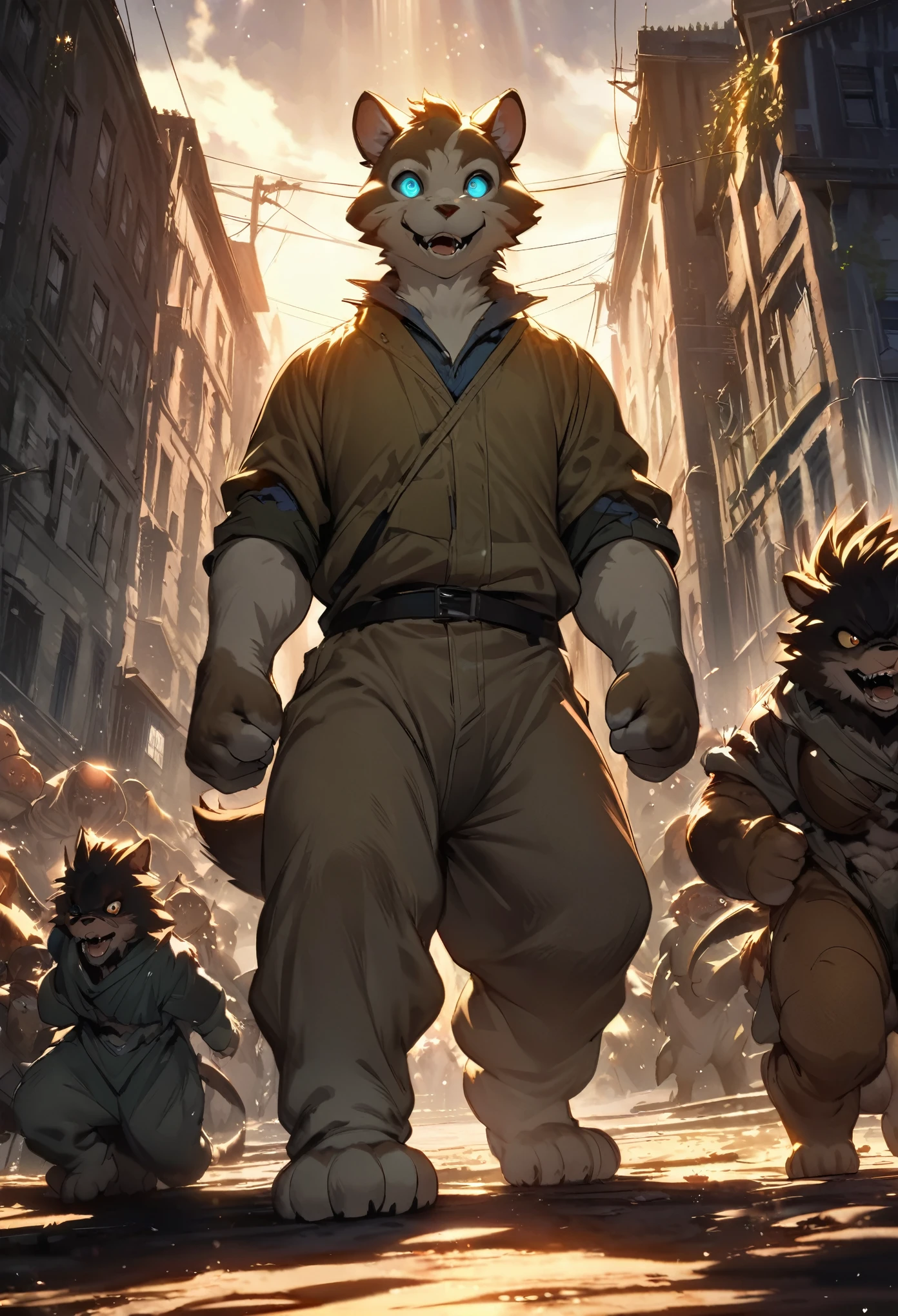 top quality, best quality, High-quality illustrations, masterpiece, detailed background, Back alleys((battle movie of Terrifying creatures and human children))absurdres, perfect ???????, Children who are scared and run away, caustics, light rays, dynamic lighting, light particles, lens flare, cinematic shadow(kemono, furry anthro)dynamic angle,