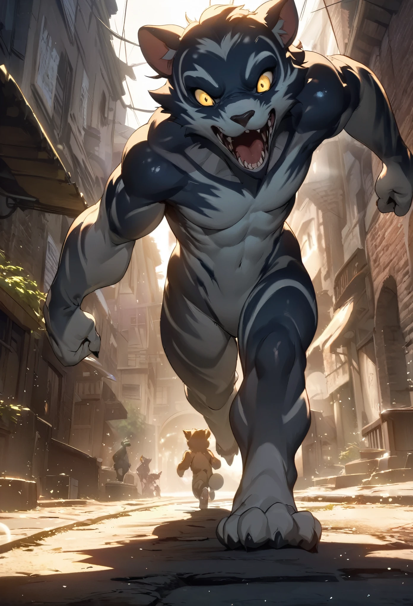 top quality, best quality, High-quality illustrations, masterpiece, detailed background, Back alleys((battle movie of Terrifying creatures and human children))absurdres, perfect anatomy, Children who are scared and run away, caustics, light rays, dynamic lighting, light particles, lens flare, cinematic shadow(kemono, furry anthro)dynamic angle,