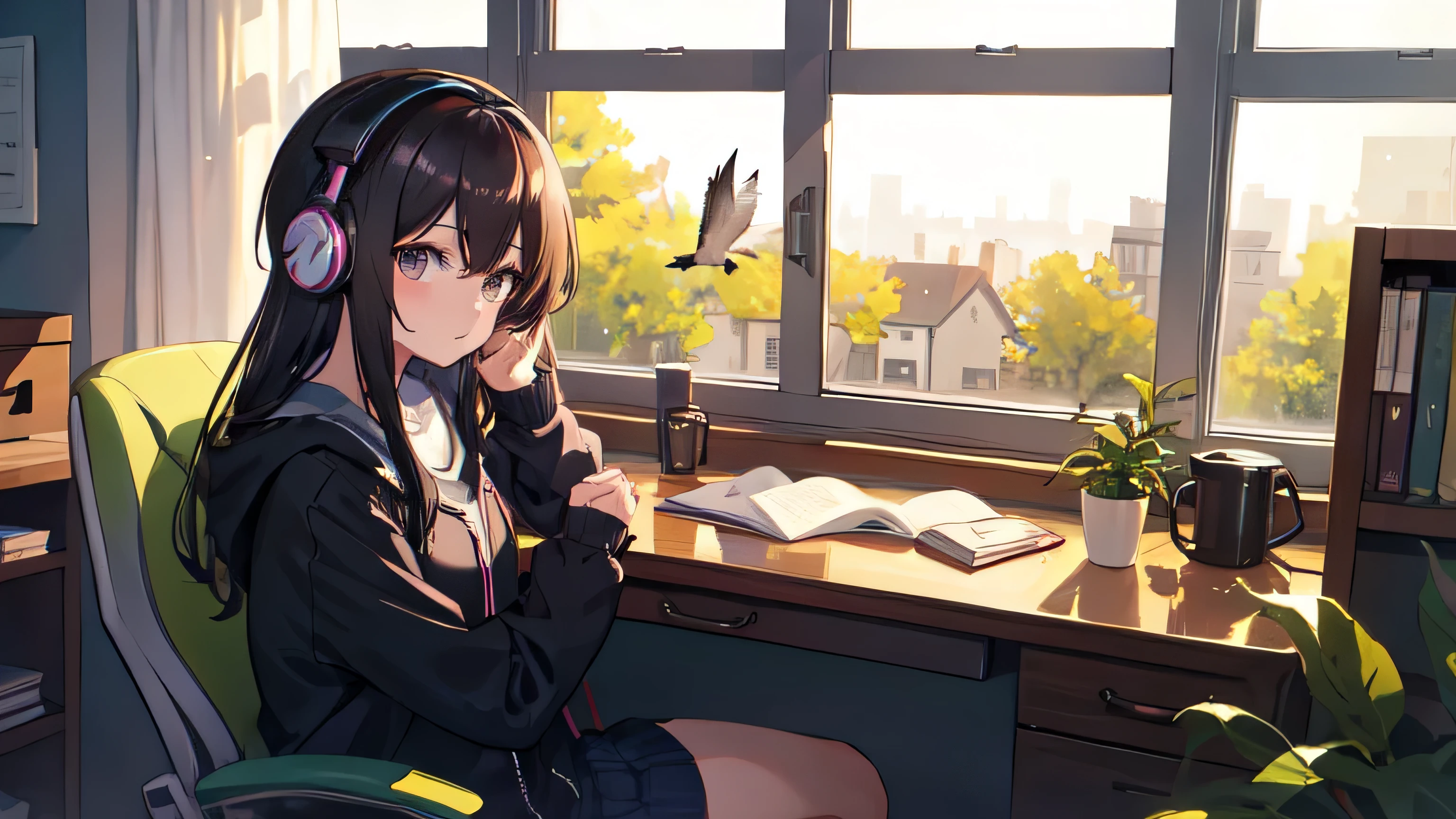 Dark-haired woman wearing headphones,sitting at study desk,Window,I can see a tree from the window,There is a bird perched on the windowsill,high resolution, Beautiful anime scene, details enhanced