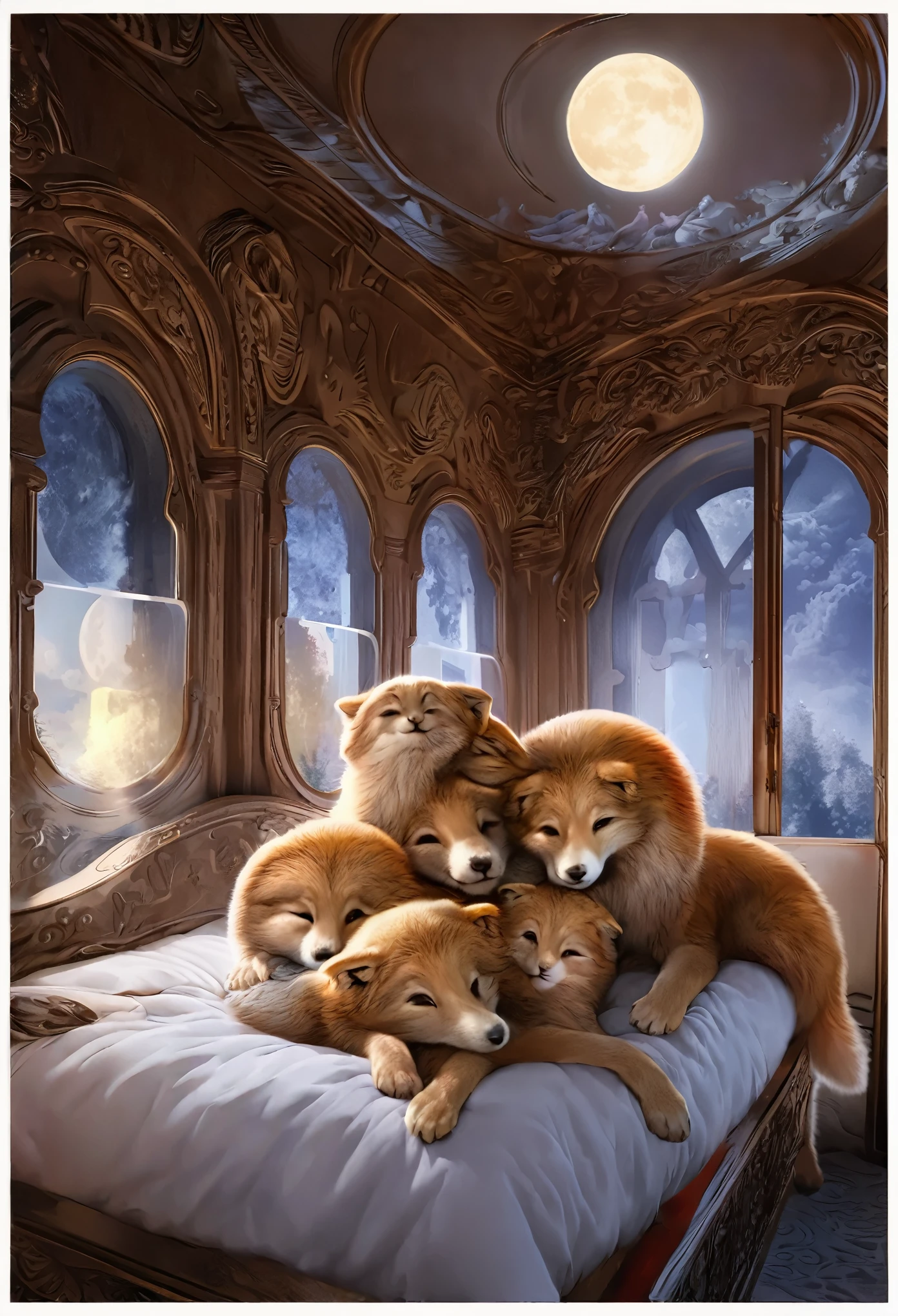 Top quality, ultra-fine illustration, four-headed body (bedroom, full moon visible from the window) (very detailed beautiful face and eyes) Absurd perfect anatomy (angelic cute girl) ((beastman))) (sleep hugging each other) (furry antro: 1.7) (furry body, animal facial features, animal body features) (animal muzzle, highly detailed fur) full body, smile (dynamic pose),
