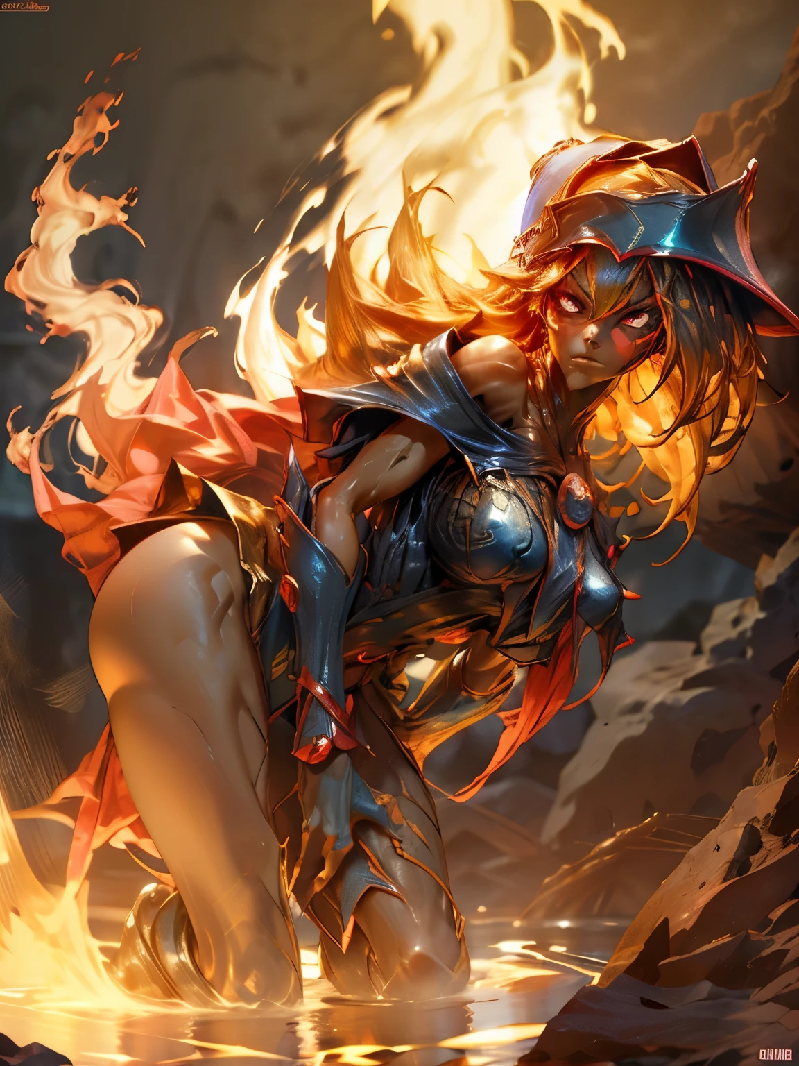Dark magician gils como ave feniz. Cabello de llamas. Ojos azules. Labios rojos. Pose sensual. Fondo de infierno. She's on fire and she's coming for you. Pose sensual. Desnuda