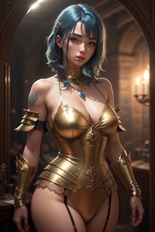 Blue-haired woman in low-cut punk medieval armor. Bright chrome gold lingerie with sharp reflections. Gems. Bare shoulders. Detailed lighting. Artwork. Extreme beauty.