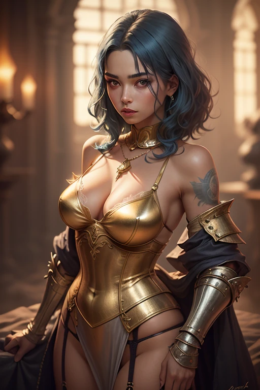 Blue-haired woman in low-cut punk medieval armor. Bright chrome gold lingerie with sharp reflections. Gems. Bare shoulders. Detailed lighting. Artwork. Extreme beauty.