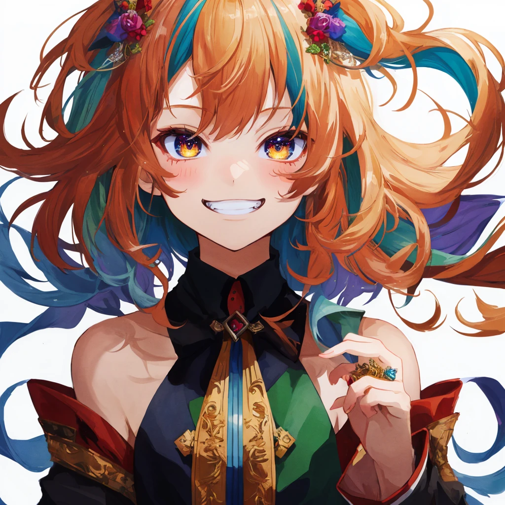 ((masterpiece)),((best quality)),((ultra detailed)),(extremely detailed),((absolutely resolution)) ,absurdres,8k, 1girl, close up face, grin, long hair, multicolored hair,
