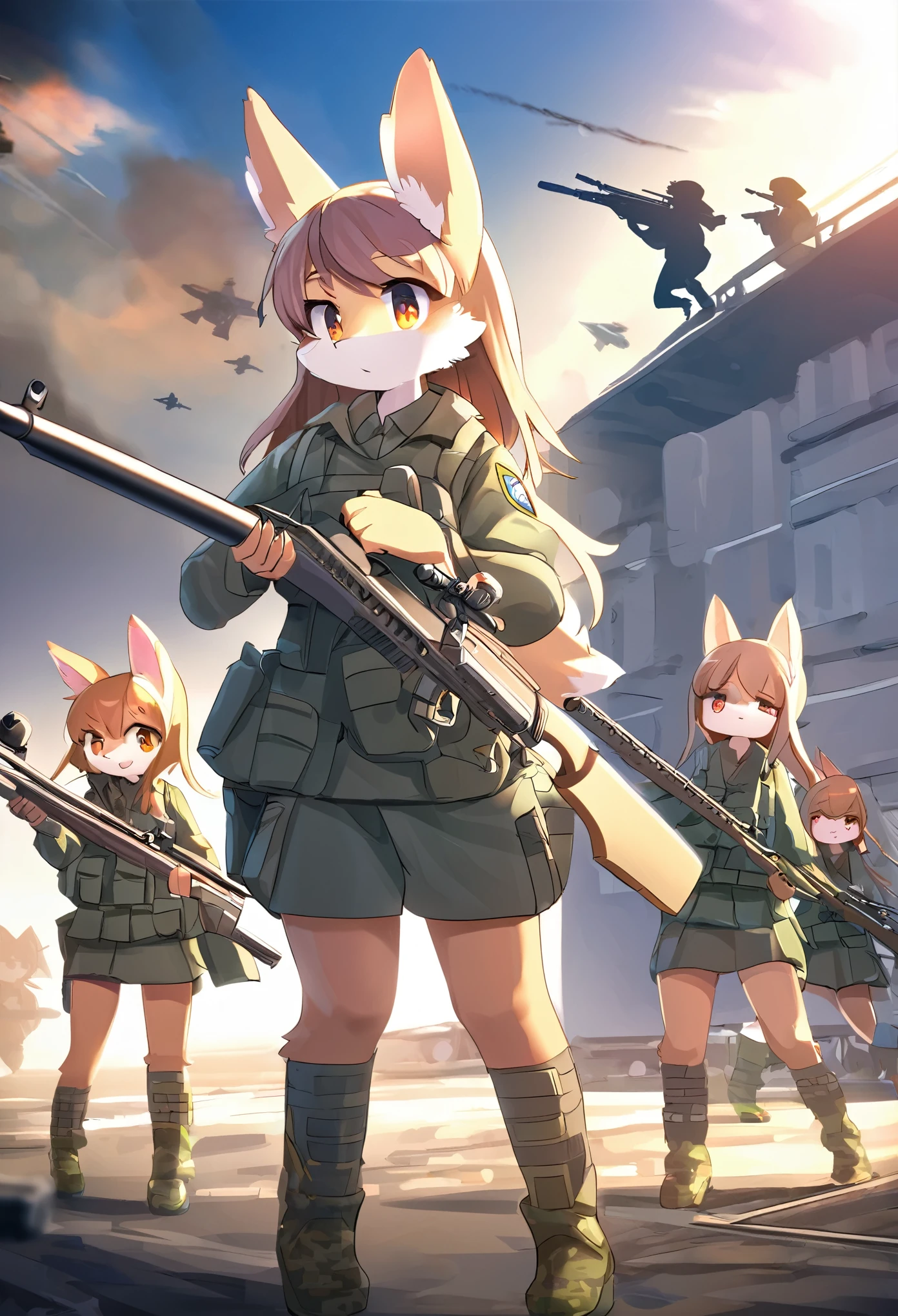 top quality, best quality, High-quality illustrations, masterpiece, super high resolution, detailed background, Military Headquarters, Maritime Self-Defense Force, rifle, sniper, battlefield, 6+boys, 6+girls, absurdres, perfect anatomy, expression, good lighting, cinematic shadow(kemono, furry anthro)dynamic angle,