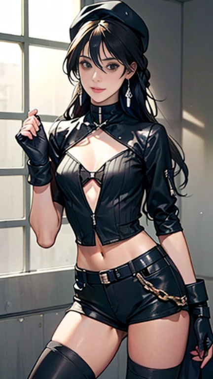 ubel,dark green hair,long hair,side ponytail,hair between eyes,bangs, BREAK (beret, black jacket, open clothes, cleavage, midriff, black shorts, black thighhighs, thigh strap, fingerless gloves, single glove:1.2), Photo,sharpness, F1.6 lens,hyper-realistic textures,spectacular light textures, Cinestil 800 Fashion Mechanics,(((Beautiful woman with left leg restrained and hung by chains))),Appearance,Beautiful girl with accentuated slender abs: 1.1,six-pack abs: 1.1, Bust Botox,Standing on tiptoe, long legs,Long brown hair fluttering in the wind,Brown hair, Long hair, Female Warrior Costume,(No panties,No bra),(tacticul battle fashion,elbow and knee tacticul battle fashion, battle glove: 1.1),((cute batre costume)),The belly comes out and the navel is visible,Thin sheer costume, combat gloves,shredded costumes,cyber long combat boots with golden knee pads,Anatomical,(futuristic sci-fi battle fashion, new elbow and knee cyberpads, new cyberlong boots, new cybergloves: 1.1),(tied perfectly by iron chain), Restraint, Slave, collars, contempt, (Chained), 4 chains hung from heaven, Metallic shackles and fetters, wet crotch clearly visible,((Hands are restrained above the head)), the neck is chained,Chain from left knee to heaven,Chained by rusty iron chains,((the tip is protruding, areolas protruding,The shape of the pubic harearea is clearly visible:1.2)),Sweating,Wet,Wet crotch,Wet thighs,Junkyard, Realistic, (cute, perfect clothes, skimpy clothes, cute: 1.3) ,Vast miritary base in us,((wide mirtary hospital with summer sunlight)), peeling ceilings, Rebar between, Realistic material details, Extreme details, Ultra-realistic materials,narrow waist,(with sparkling eyes and a contagious smile:0.9),looking at viewer,