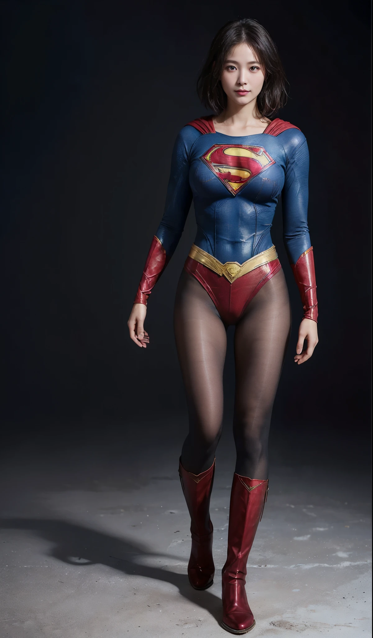 No background、(((Beautiful legs in black tights.)))、(((Legally express the beauty of your smile)))、((((Make the most of your original images)))、(((Supergirl Costume)))、(((beautiful short bob hair)))、(((suffering)))、(((Please wear black tights....、Wear red boots)))、((Best image quality、8K))、((highest quality、8K、masterpiece:1.3))、(((keep background )))、Sharp focus:1.2、Beautiful woman with perfect figure:1.4、Thin abdominal muscles:1.2、Wet body:1.5、Highly detailed face and skin texture、8K