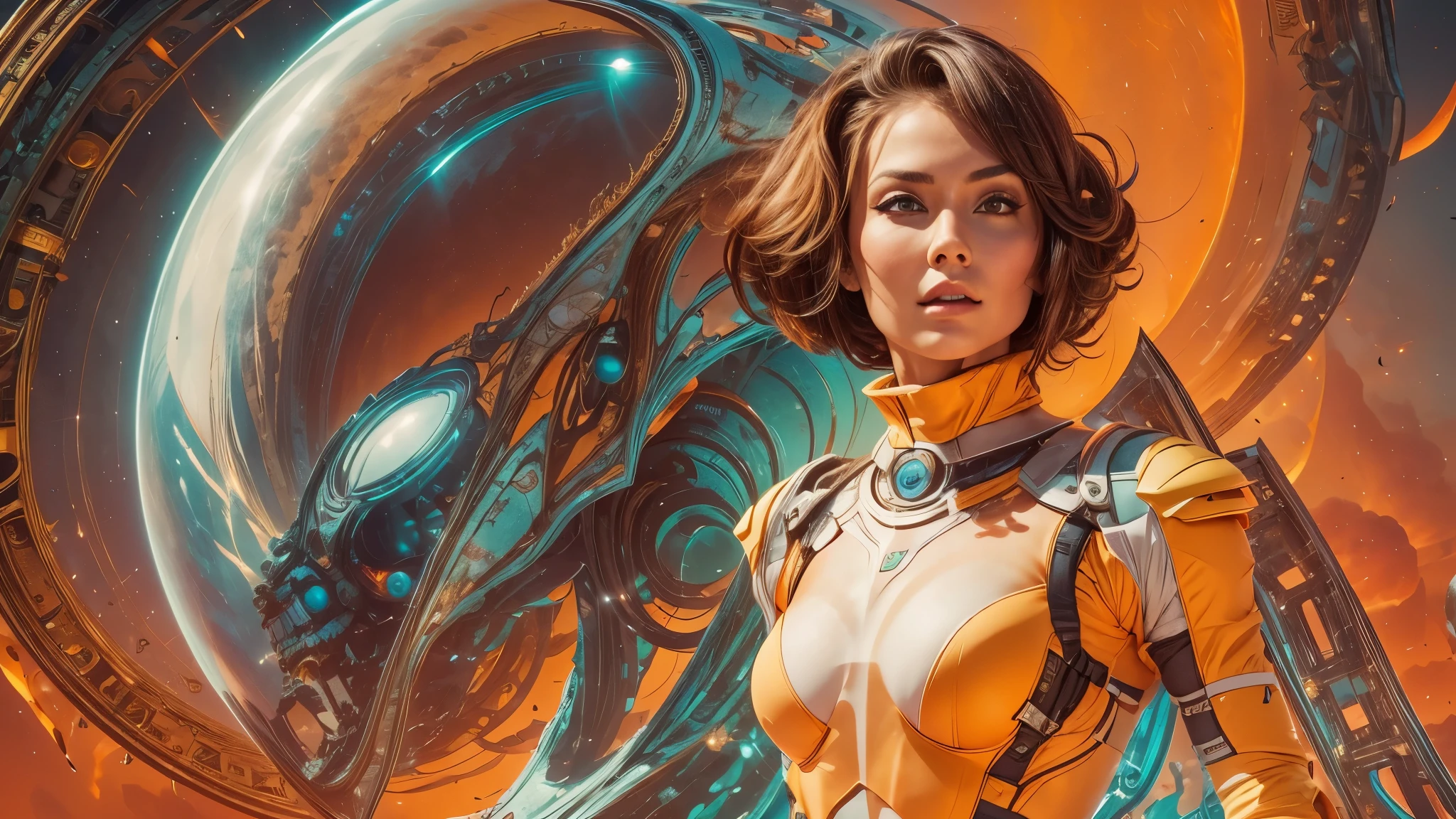 arafed image of a white woman in a futuristic suit with a spaceship in the background, movie art, in front of an orange background, inspired by Robert McGinnis, female protagonist, megastructure in the background, portrait of an ai astronaut, astronauts, an astronaut, portrait of a astronaut skeletor, perfect android girl, detailed eyes, perfectly detailed teeth, frank franzzeta and sakimichan