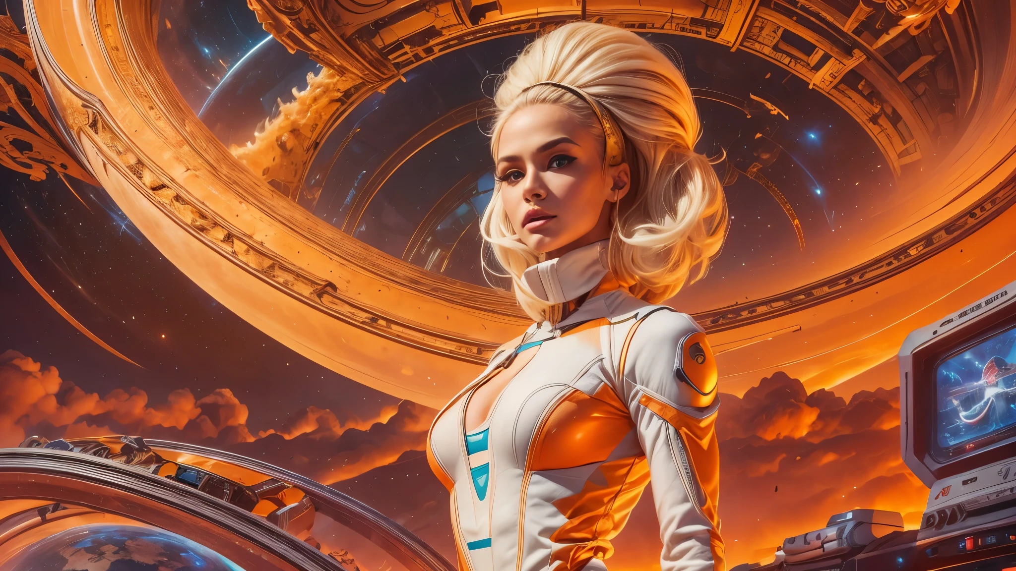 arafed image of a white woman in a futuristic suit with a spaceship in the background, movie art, in front of an orange background, inspired by Robert McGinnis, female protagonist, megastructure in the background, portrait of an ai astronaut, astronauts, an astronaut, portrait of a astronaut skeletor, perfect android girl, detailed eyes, perfectly detailed teeth, frank franzzeta and sakimichan
