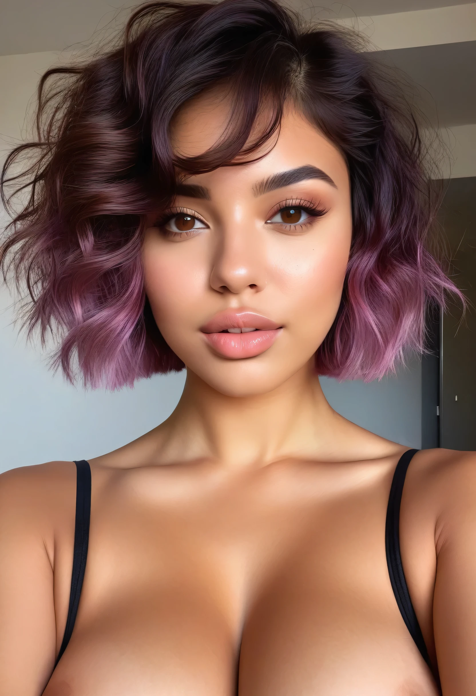 ((whole body shot:1.5)), ((hyperrealistic:1.3)), ((front view)), masterpiece, best quality, 8k, photo of (extremely beautiful latin girl 25 yo:1.3)), ((sexy goodness_but slim:1.4)),((violet short hair:1.1)), ((round face)), sexy, ((violet semi_curly short hair:1.1)),((messy cut)),((brown eyes:1.3)),((detailed skin texture:1.2)), ((perfect teeth)), ((short nose:1.5)), charming, alluring, seductive, enchanting, ((breasts that move with gravity)), ((perfect detailed round face:1.4)),((shy face)), ((very natural heavy breast)), (((light (big_puffy) pinky nipples:1.5))), big round_nipples, ball shaped nipples,((perfect teeth)), ((straight nose)), perfect toes, perfect fingers, charming, alluring, seductive, enchanting, detailed, soft lighting, #NSFW,Extremely Realistic