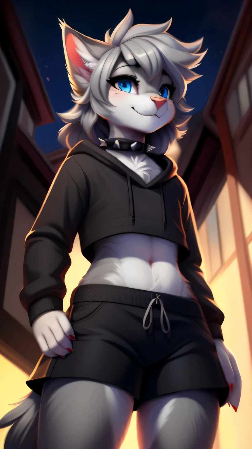 Nervous smiling, uploaded the e621, beautiful and detailed, man (((male))) ((anthro)) Cat, (Cat boy), by waspsalad, by phluks, by zero-sum, cinematic lighting, Cat, (anthro, fluffy fur, character focus), 1boy, young, anthro cat boy, body fur, gray fur, gray body, gray hair, long hair, curvy, sexy, nice, cute, hot, digital drawing, (half-closed eyes), blue eyes, pink cropped hoodie, black t-short, low-angle view, black shorts, spiked collar, flat chested