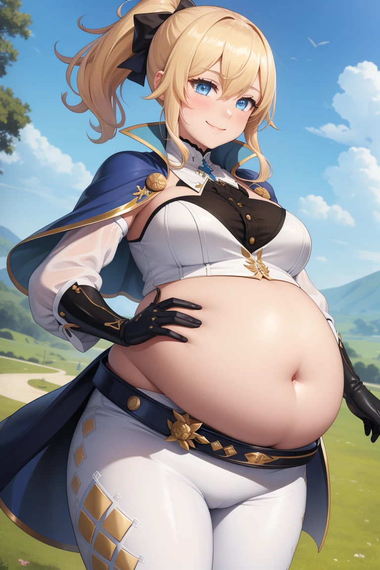 absurdres, highres, (official art, beautiful and aesthetic:1.2), ultra detail, beautiful person, bangs, blue eyes, blonde hair, long hair, smile, hair between eyes, ponytail,
gloves, bow, hair between eyes, ponytail, hair bow, sidelocks, belt, pants, capelet, detached collar, white pants, tight, blue capelet,
wind effect, jean \(genshin impact\), ((big belly, extremly gigantic belly, chubby, giant belly))