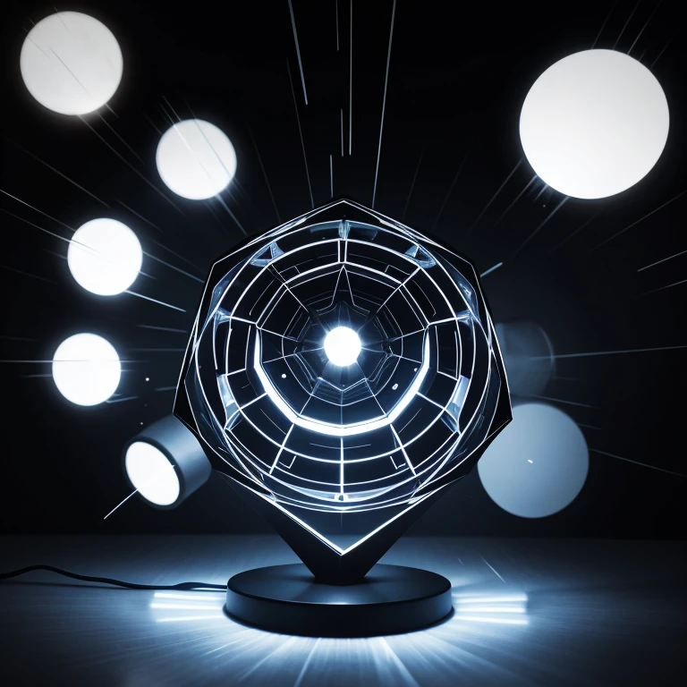 Through darkness to light - a modern lamp made of a geometric pattern with LED backlighting, centrifugal force, flash, speed, splash