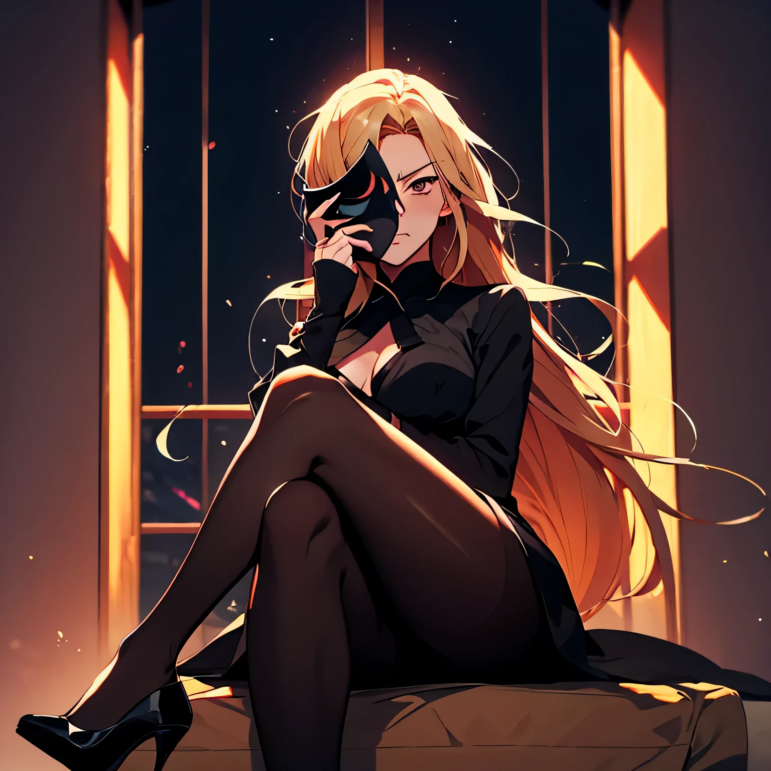 2d illustration, anime, Sexy angry mom, covering half of her face with a mask, blond long hair, high heels and pantyhose, bedroom, dark dim lighting, panthose, legs crossed* 