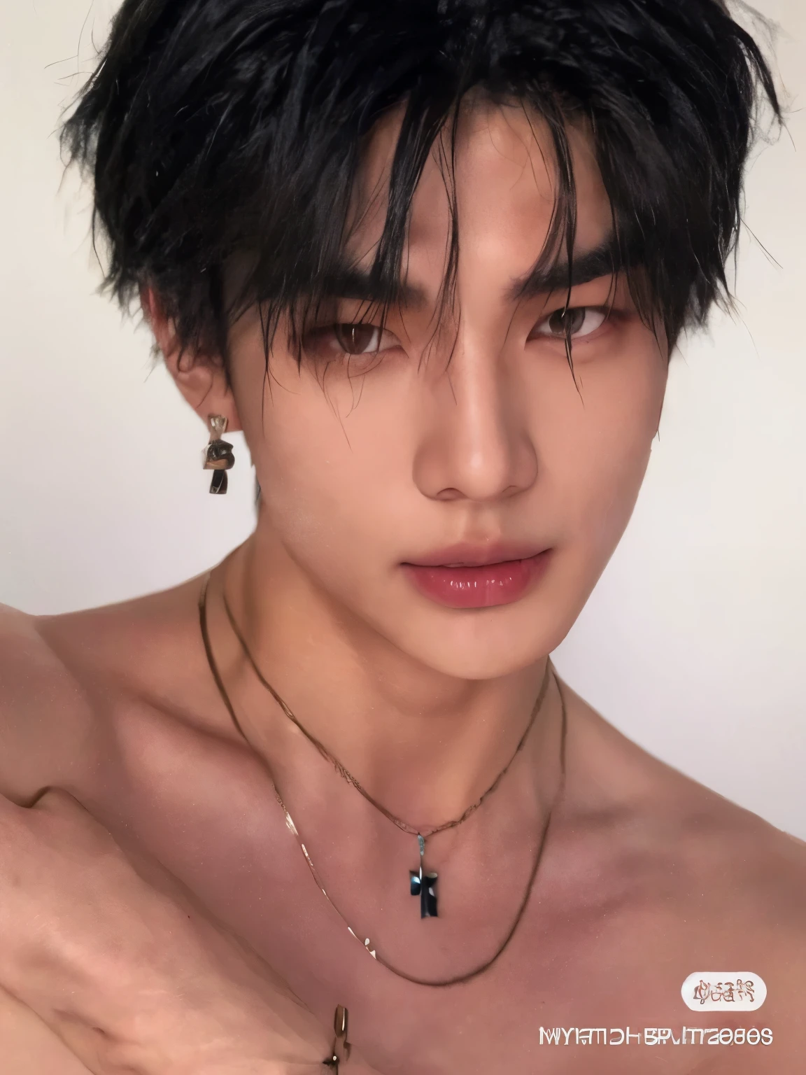 sharpened man with a tattoo on his chest and a necklace around his neck, hyunjin, Hwang Hyunjin, pintar ulzzang, cute japanese demon boy, hyunjin, Hwang Hyunjin from Stray Kids face, contas cruzadas no peito nu, Jinyoung Shin aesthetic