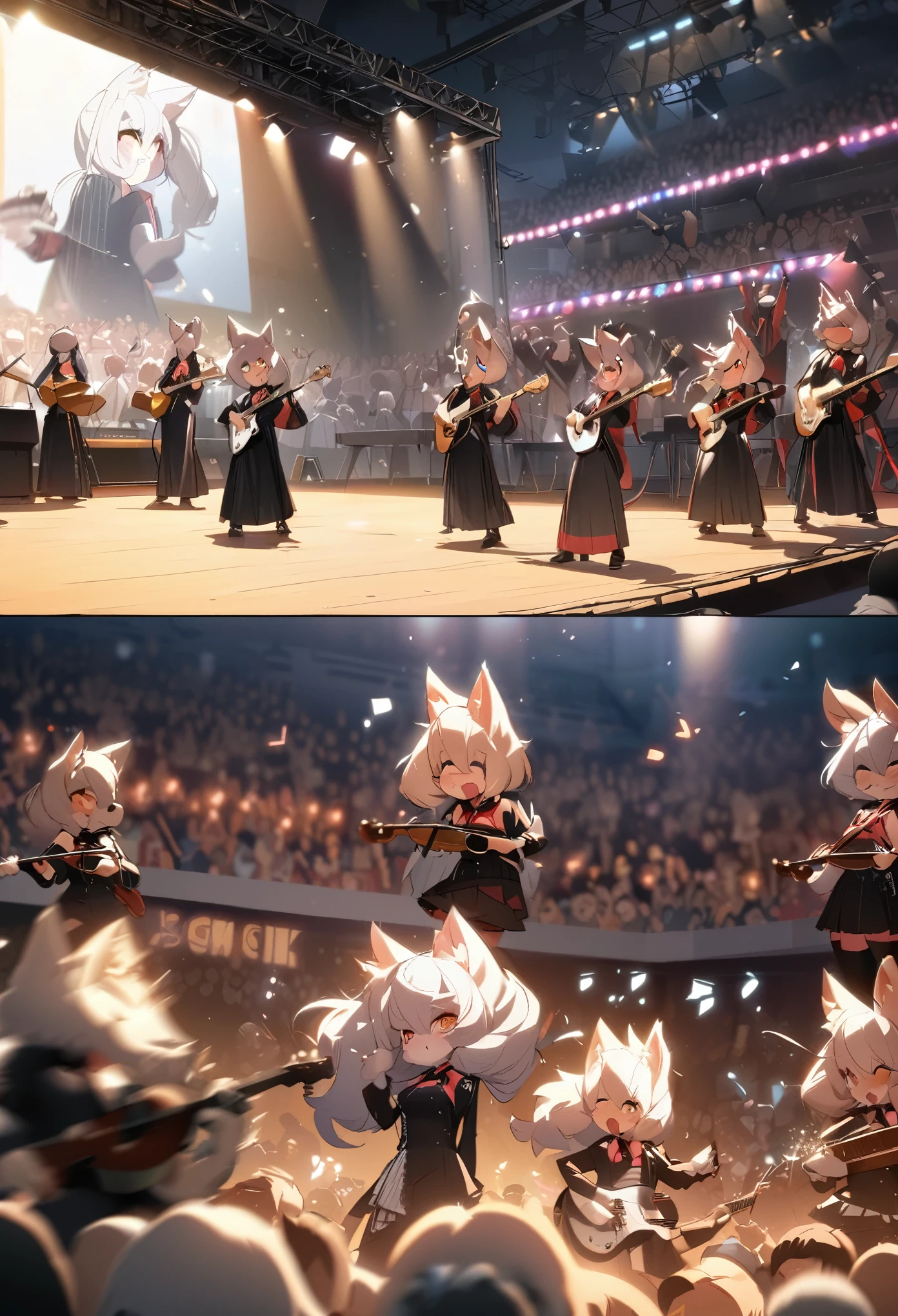 top quality, best quality, High-quality illustrations, masterpiece, super high resolution, detailed background, Rock Band Concerts, Musical instrument performance, Stage Performance, hot air, 6+boys, 6+girls, absurdres(highly detailed beautiful face and eyes)perfect anatomy, expression, good lighting, cinematic shadow(kemono, furry anthro)(sound effects, motion blur),