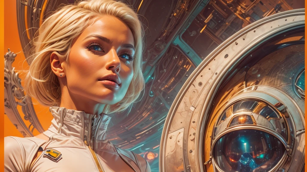 arafed image of a white woman in a futuristic suit with a spaceship in the background, movie art, in front of an orange background, inspired by Robert McGinnis, female protagonist, megastructure in the background, portrait of an ai astronaut, astronauts, an astronaut, portrait of a astronaut skeletor, perfect android girl, detailed eyes, perfectly detailed teeth, frank franzzeta and sakimichan  