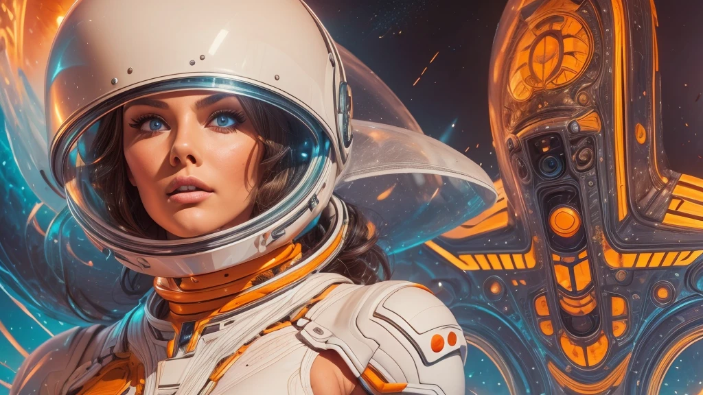 arafed image of a white woman in a futuristic suit with a spaceship in the background, movie art, in front of an orange background, inspired by Robert McGinnis, female protagonist, megastructure in the background, portrait of an ai astronaut, astronauts, an astronaut, portrait of a astronaut skeletor, perfect android girl, detailed eyes, perfectly detailed teeth, frank franzzeta and sakimichan