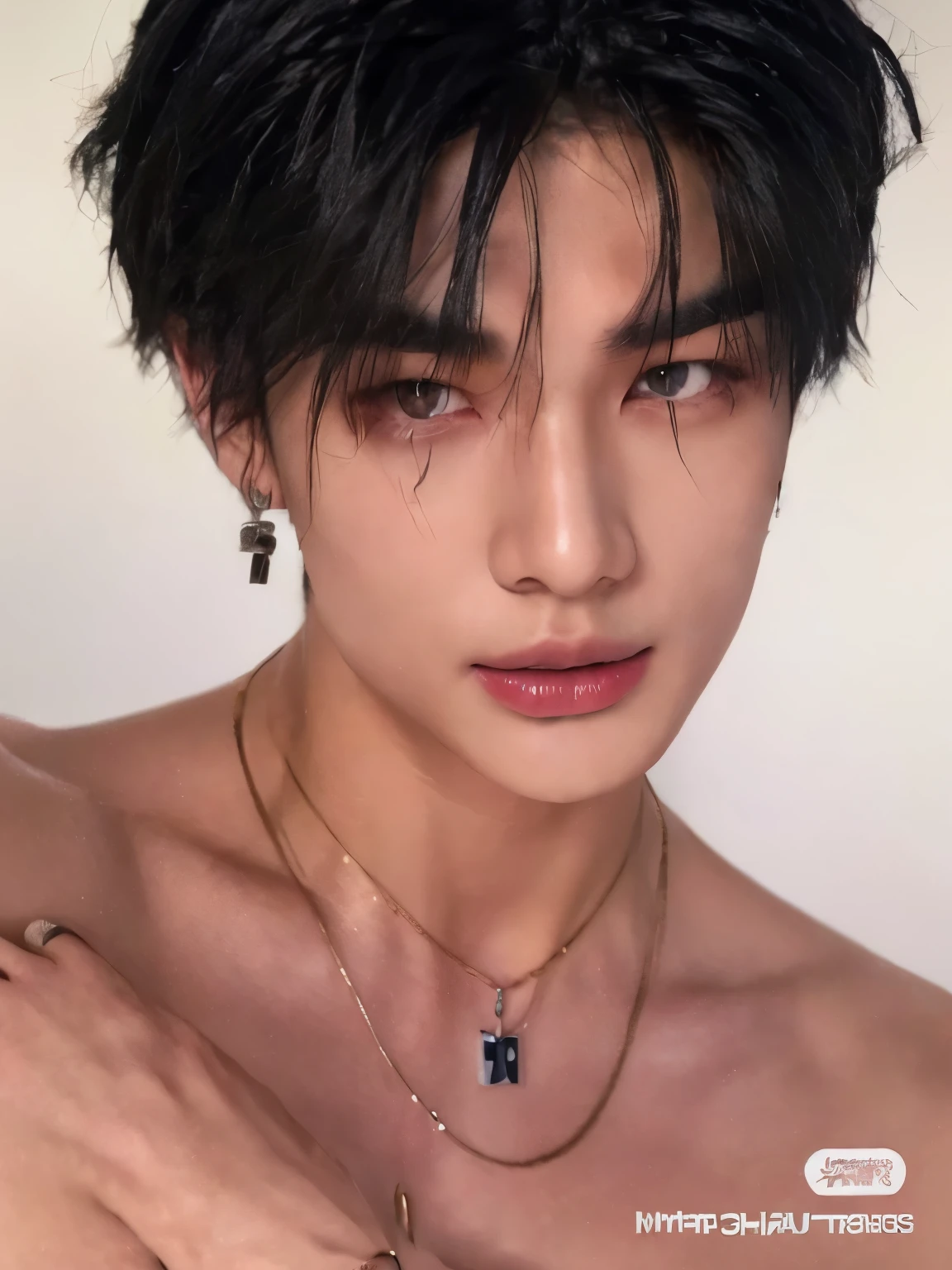 sharpened man with a tattoo on his chest and a necklace around his neck, hyunjin, Hwang Hyunjin, pintar ulzzang, cute japanese demon boy, hyunjin, Hwang Hyunjin from Stray Kids face, contas cruzadas no peito nu, Jinyoung Shin aesthetic