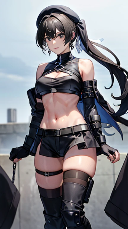 ubel,dark green hair,long hair,side ponytail,hair between eyes,bangs, BREAK (beret, black jacket, open clothes, cleavage, midriff, black shorts, black thighhighs, thigh strap, fingerless gloves, single glove:1.2), Photo,sharpness, F1.6 lens,hyper-realistic textures,spectacular light textures, Cinestil 800 Fashion Mechanics,(((Beautiful woman with left leg restrained and hung by chains))),Appearance,Beautiful girl with accentuated slender abs: 1.1,six-pack abs: 1.1, Bust Botox,Standing on tiptoe, long legs,Long brown hair fluttering in the wind,Brown hair, Long hair, Female Warrior Costume,(No panties,No bra),(tacticul battle fashion,elbow and knee tacticul battle fashion, battle glove: 1.1),((cute batre costume)),The belly comes out and the navel is visible,Thin sheer costume, combat gloves,shredded costumes,cyber long combat boots with golden knee pads,Anatomical,(futuristic sci-fi battle fashion, new elbow and knee cyberpads, new cyberlong boots, new cybergloves: 1.1),(tied perfectly by iron chain), Restraint, Slave, collars, contempt, (Chained), 4 chains hung from heaven, Metallic shackles and fetters, wet crotch clearly visible,((Hands are restrained above the head)), the neck is chained,Chain from left knee to heaven,Chained by rusty iron chains,((the tip is protruding, areolas protruding,The shape of the pubic harearea is clearly visible:1.2)),Sweating,Wet,Wet crotch,Wet thighs,Junkyard, Realistic, (cute, perfect clothes, skimpy clothes, cute: 1.3) ,Vast miritary base in us,((wide mirtary hospital with summer sunlight)), peeling ceilings, Rebar between, Realistic material details, Extreme details, Ultra-realistic materials,narrow waist,(with sparkling eyes and a contagious smile:0.9),looking at viewer,
