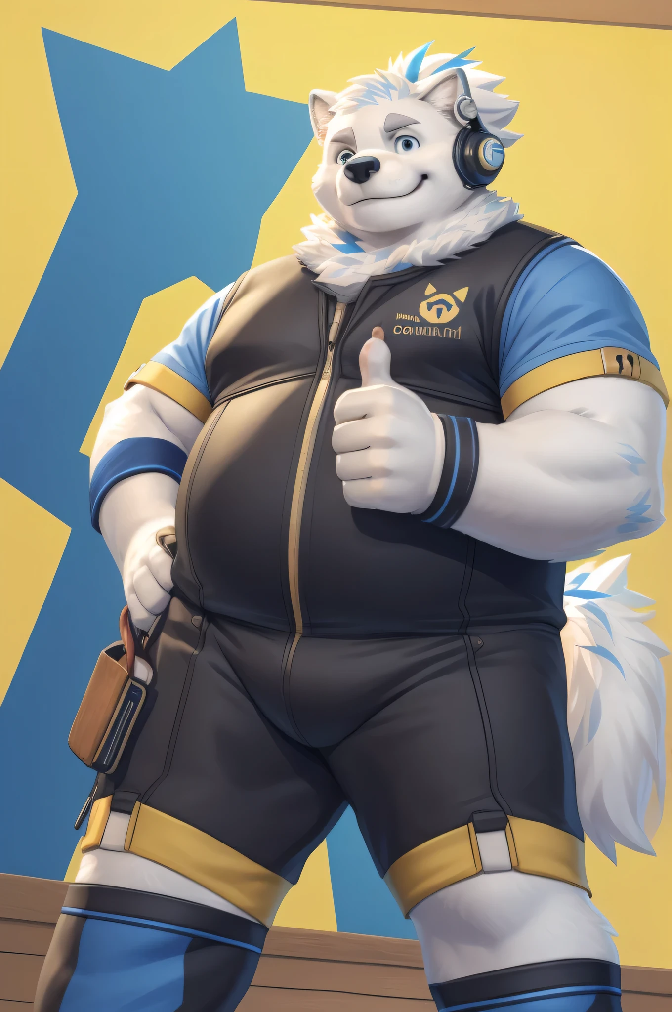 yohack, blue eyes, musclegut, ponytail, cute, (posing:1.3), (soft shading), 4k, hi res, ((detailed face, detailed)), by zackarry911, by zaush, (by personalami:0.5), looking at viewer, smile, gloves, 1boy, holding, star (symbol), hand on hip, feet out of frame, headphones, border, dog ears, yellow background, dog tail, thumbs up, bodysuit, low-angle view,