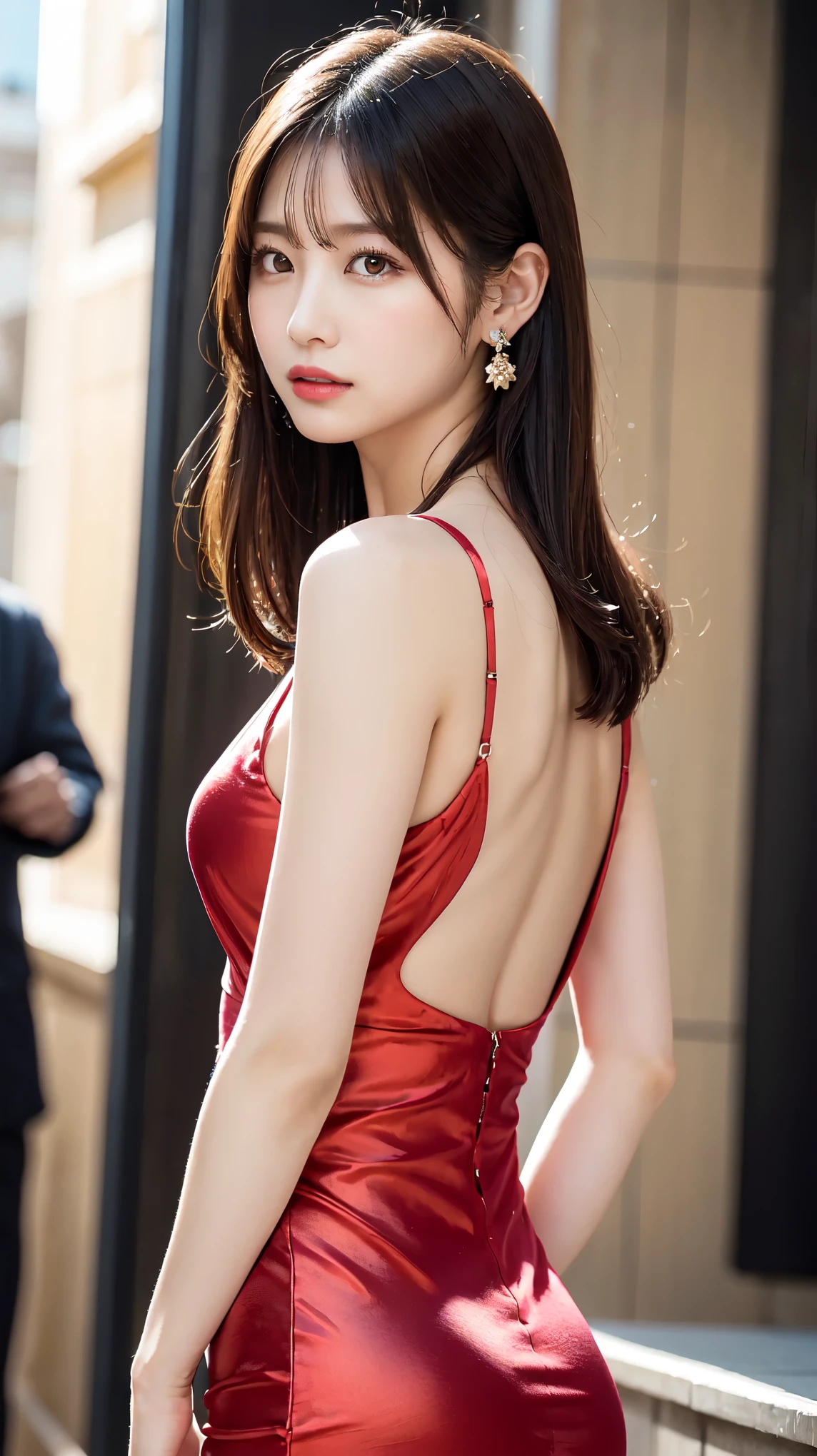 1 female, Beautiful Japanese actresses, Age 25, Double Eye,mile, Detailed face, Big earrings，Flashy makeup using red eyeshadow，light brown delicate middle cut hair，The tips of the hair are wavy，Classy hairstyle，Fine grain,Slender actress, Small hips, Side Bust Barbosa),Butt crack, Bare waist, Bare back:1.3),Sexy silk embroidered mermaid dress:1.2), break long black hair, BREAK ceremony, Red carpet, Official Art，Highly detailed CG Unity 8k wallpaper, (masterpiece:1.0),(highest quality:1.0), photo shoot, 8k, Browsing Caution, High resolution, Kodak Portrait 400, Film Grain, Lens flare brilliance,Show Viewer, View from the front