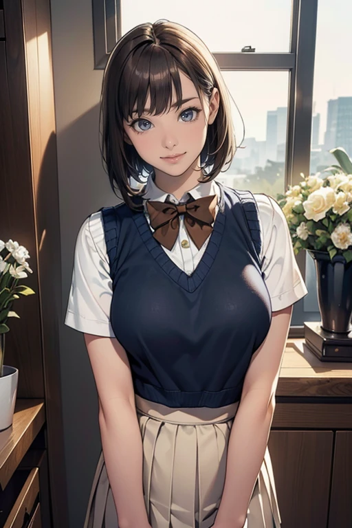 (masterpiece:1.2, highest quality), (Realistic, photoRealistic:1.4), Beautiful illustrations, (Natural Side Lighting, Cinema Lighting), Written boundary depth, 
Looking at the audience, (Face Focus, Upper Body), Front view, 1 girl, English, high school girl, , Perfect Face, Symmetrical cute face, Shiny skin, 
(bob hair:1.7,blonde), Asymmetrical bangs, Big eyes, Droopy eyes, long eyelashes chest), thin, 
Beautiful Hair, Beautiful Face, Beautiful and beautiful eyes, Beautiful clavicle, Beautiful body, Beautiful breasts, Beautiful thighs, Beautiful legs, Beautiful fingers, 
((High-quality fabric, brown knit vest, Short sleeve white collar shirt, navy pleated skirt, Navy bow tie)), 
(Beautiful views), evening, (Inside the flower shop), Are standing, (smile, Superior, Open your mouth),  (((Skirt flip, I can see your pants)))