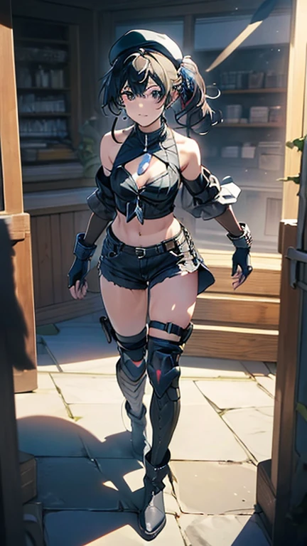 ubel,dark green hair,long hair,side ponytail,hair between eyes,bangs, BREAK (beret, black jacket, open clothes, cleavage, midriff, black shorts, black thighhighs, thigh strap, fingerless gloves, single glove:1.2), Photo,sharpness, F1.6 lens,hyper-realistic textures,spectacular light textures, Cinestil 800 Fashion Mechanics,(((Beautiful woman with left leg restrained and hung by chains))),Appearance,Beautiful girl with accentuated slender abs: 1.1,six-pack abs: 1.1, Bust Botox,Standing on tiptoe, long legs,Long brown hair fluttering in the wind,Brown hair, Long hair, Female Warrior Costume,(No panties,No bra),(tacticul battle fashion,elbow and knee tacticul battle fashion, battle glove: 1.1),((cute batre costume)),The belly comes out and the navel is visible,Thin sheer costume, combat gloves,shredded costumes,cyber long combat boots with golden knee pads,Anatomical,(futuristic sci-fi battle fashion, new elbow and knee cyberpads, new cyberlong boots, new cybergloves: 1.1),(tied perfectly by iron chain), Restraint, Slave, collars, contempt, (Chained), 4 chains hung from heaven, Metallic shackles and fetters, wet crotch clearly visible,((Hands are restrained above the head)), the neck is chained,Chain from left knee to heaven,Chained by rusty iron chains,((the tip is protruding, areolas protruding,The shape of the pubic harearea is clearly visible:1.2)),Sweating,Wet,Wet crotch,Wet thighs,Junkyard, Realistic, (cute, perfect clothes, skimpy clothes, cute: 1.3) ,Vast miritary base in us,((wide mirtary hospital with summer sunlight)), peeling ceilings, Rebar between, Realistic material details, Extreme details, Ultra-realistic materials,narrow waist,(with sparkling eyes and a contagious smile:0.9),looking at viewer,