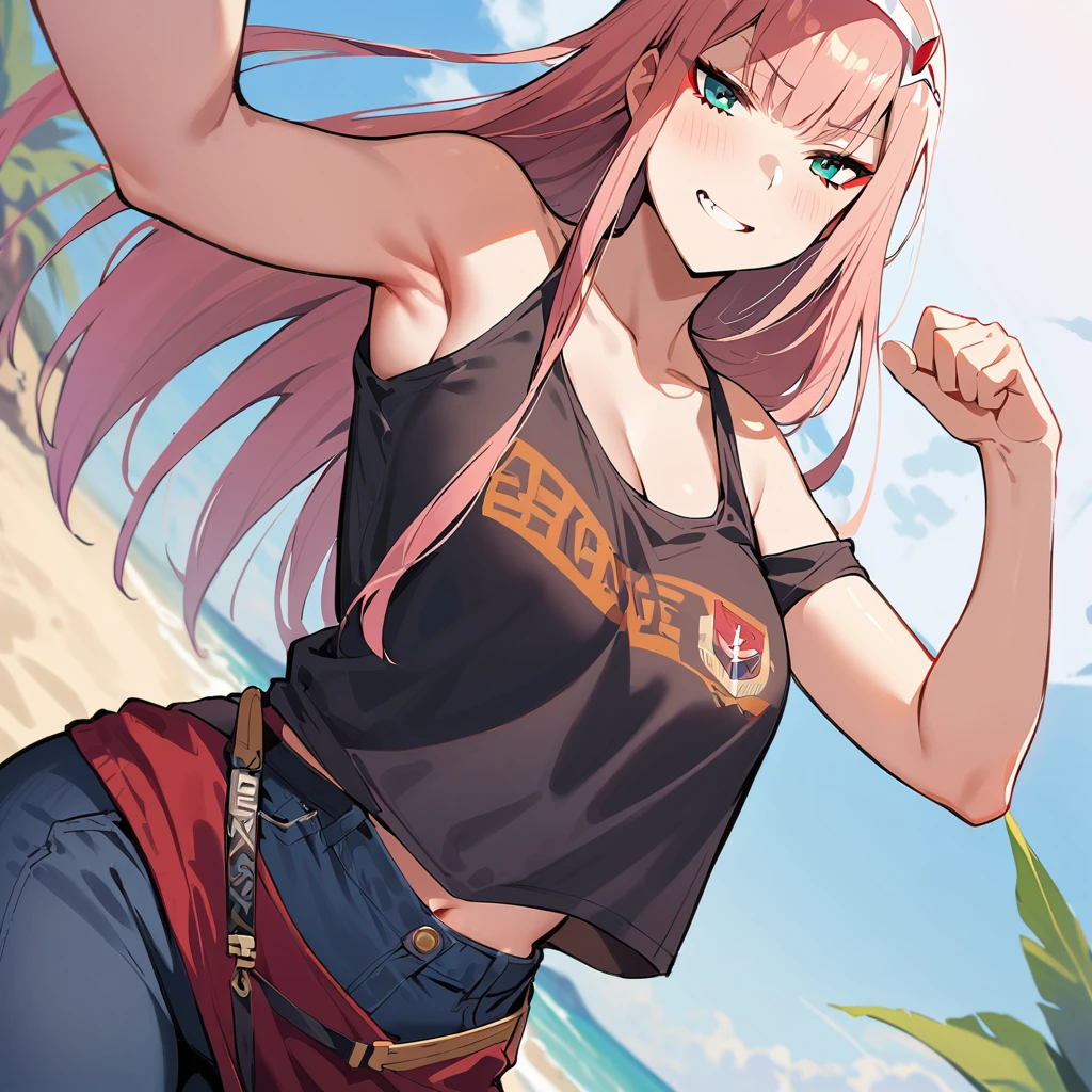 (masterpiece, best quality:1.2), 1girl, solo,
long hair, Zero two, falda corta, playera negra corta, muslos grandes, pechos grandes 