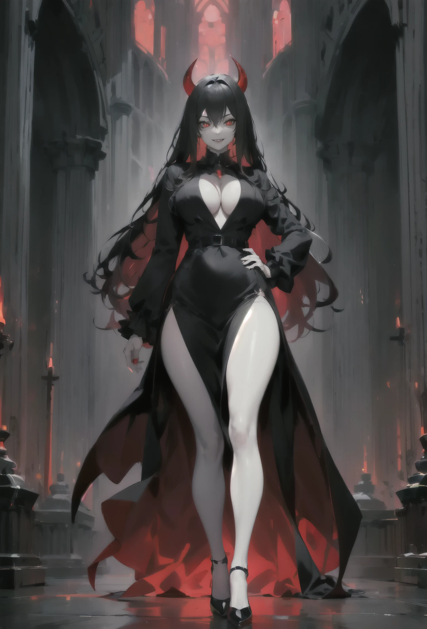 1girl, evil, black dress, bare legs, legs visible, white skin, tall, sexy, red horns, mature woman, glowing red eyes, demonness, demon girl, smile, cleavage, sexy, wide hips, full body, red glow, black hair, long hair, looking at viewer, masterpiece, best quality, very aesthetic, absurdres, black high heels, hand on hip, indoors, gigantic gothic cathedral, dark, night time, midnight