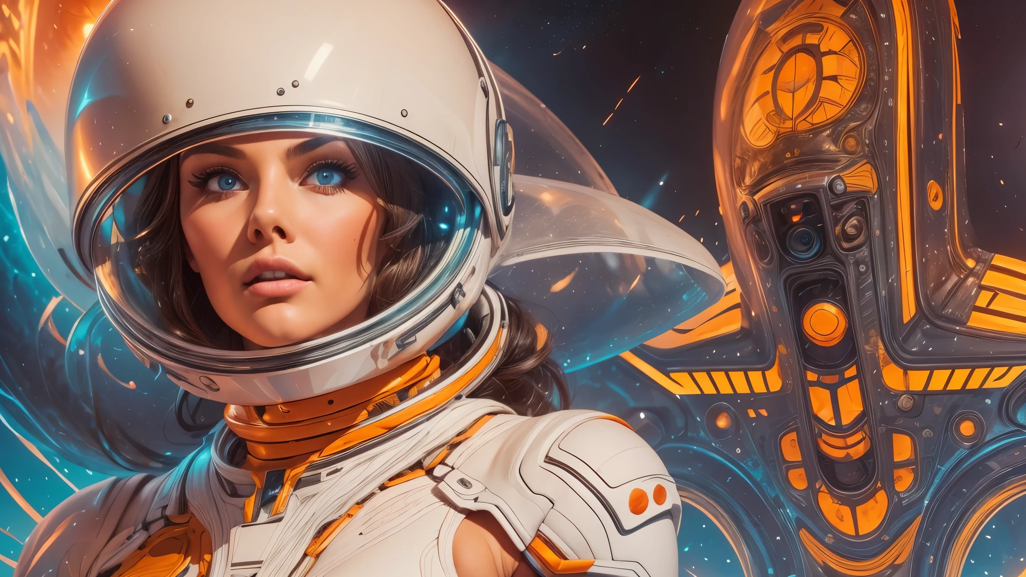arafed image of a white woman in a futuristic suit with a spaceship in the background, movie art, in front of an orange background, inspired by Robert McGinnis, female protagonist, megastructure in the background, portrait of an ai astronaut, astronauts, an astronaut, portrait of a astronaut skeletor, perfect android girl, detailed eyes, perfectly detailed teeth, frank franzzeta and sakimichan