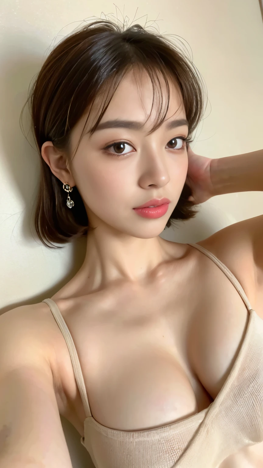 ((highest quality, 8k, masterpiece: 1.3)), One Girl, The beauty of slim abs: 1.3, ( casual and cute hairstyle: 1.2), : 1.1, Beautiful Face, Details, double eyelid, With earrings, Bedroom, Concert Make-up, ((bare small breasts, Cute Breasts)), (Lying in bed), (The portrait was taken from above her reclining body.。.)