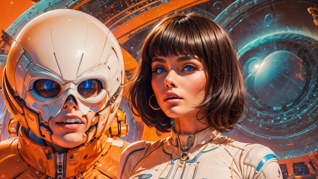 arafed image of a white woman in a futuristic suit with a spaceship in the background, movie art, in front of an orange background, inspired by Robert McGinnis, female protagonist, megastructure in the background, portrait of an ai astronaut, astronauts, an astronaut, portrait of a astronaut skeletor, perfect android girl, detailed eyes, perfectly detailed teeth, frank franzzeta and sakimichan