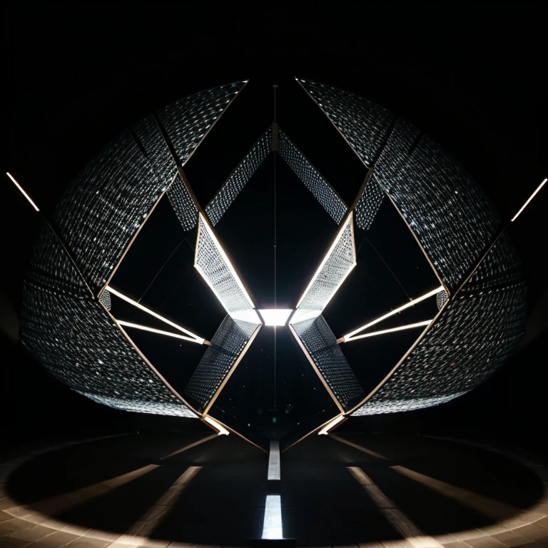 Through darkness to light - a modern lamp made of a geometric pattern with LED backlighting, centrifugal force, flash, travel speed, formation