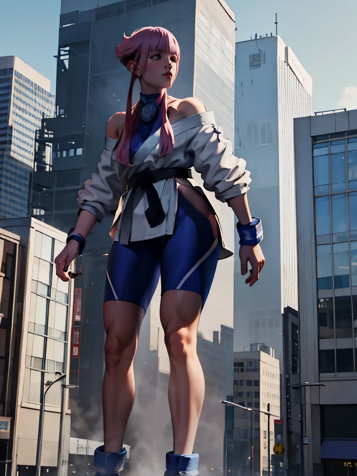 Masterpiece, best quality, high-resolution, 1girl, solo, 1girl, giantess, mamonms, off shoulder, white dougi, martial arts belt, halterneck, hip ventilation, bodysuit, in the city, standing