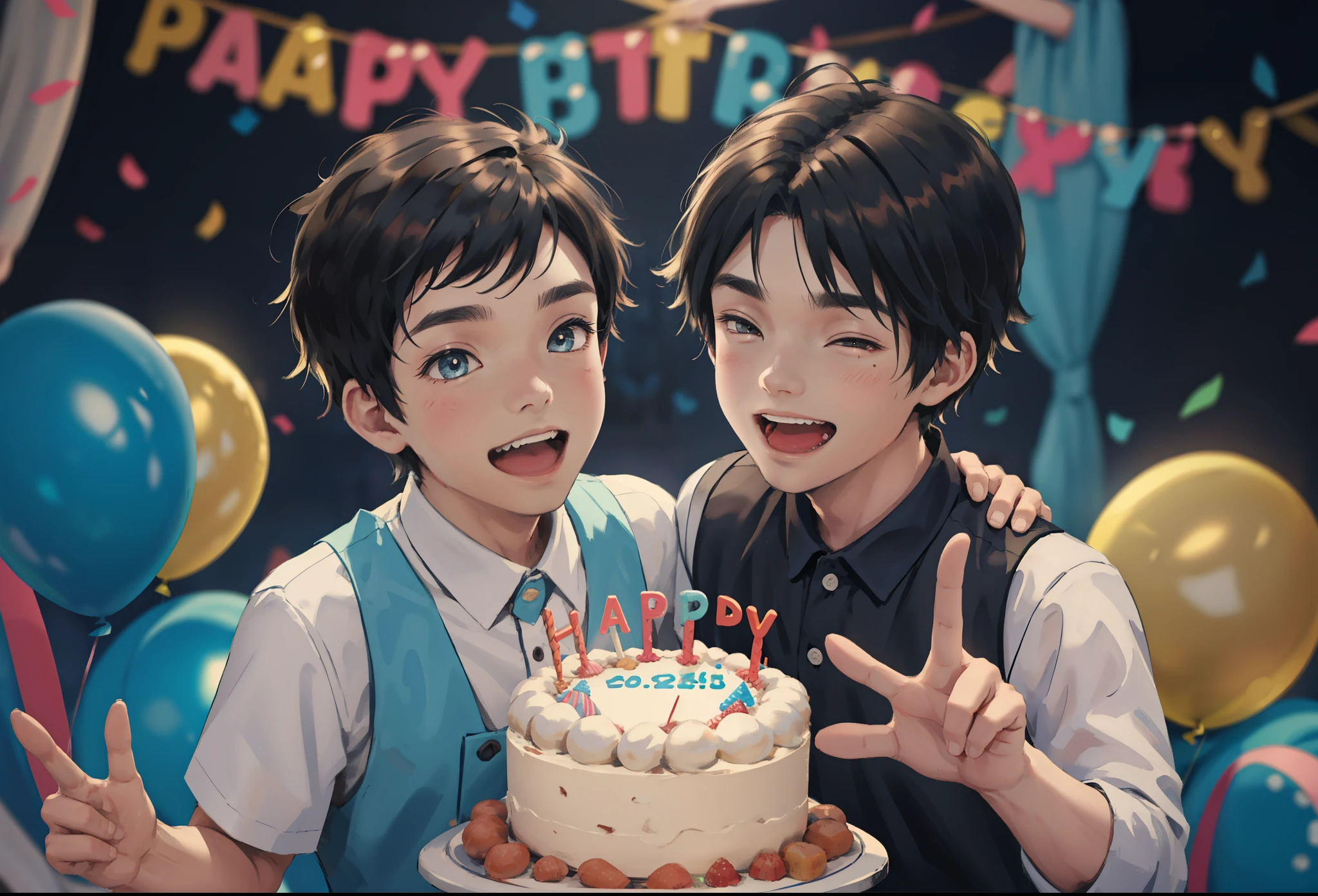 two 11 year old boys dance and laugh at a birthday party with their 6 friends 