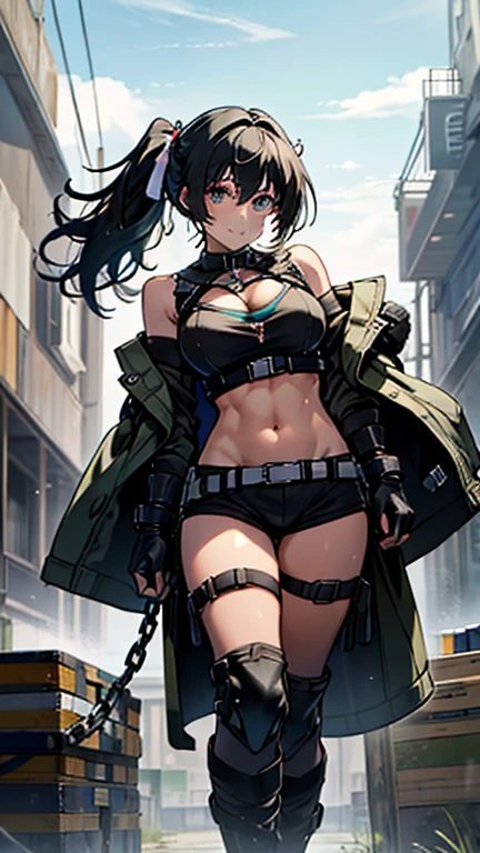 ubel,dark green hair,long hair,side (ponytail:1.3),hair between eyes,bangs, (red beret, black jacket, open clothes, cleavage, midriff, black shorts, black thighhighs, thigh strap, fingerless gloves, single glove:1.2), Photo,sharpness, F1.6 lens,hyper-realistic textures,spectacular light textures, Cinestil 800 Fashion Mechanics,(((Beautiful woman with left leg restrained and hung by chains))),Appearance,Beautiful girl with accentuated slender abs: 1.3,six-pack abs: 1.2, Bust Botox,Standing on tiptoe, long legs,Long brown hair fluttering in the wind,Brown hair, Long hair, Female Warrior Costume,(No panties,No bra),(tacticul battle fashion,elbow and knee tacticul battle fashion, battle glove: 1.1),((cute batre costume)),The belly comes out and the navel is visible,Thin sheer costume, combat gloves,shredded costumes,cyber long combat boots with golden knee pads,Anatomical,(futuristic sci-fi battle fashion, new elbow and knee cyberpads, new cyberlong boots, new cybergloves: 1.1),(tied perfectly by iron chain), Restraint, Slave, collars, contempt, (Chained), 4 chains hung from heaven, Metallic shackles and fetters, wet crotch clearly visible,((Hands are restrained above the head)), the neck is chained,Chain from left knee to heaven,Chained by rusty iron chains,((the tip is protruding, areolas protruding,The shape of the pubic harearea is clearly visible:1.2)),Sweating,Wet,Wet crotch,Wet thighs,Junkyard, Realistic, (cute, perfect clothes, skimpy clothes, cute: 1.3) ,Vast miritary base in us,((wide mirtary hospital with summer sunlight)), peeling ceilings, Rebar between, Realistic material details, Extreme details, Ultra-realistic materials,narrow waist,(with sparkling eyes and a contagious smile:0.9),looking at viewer,
