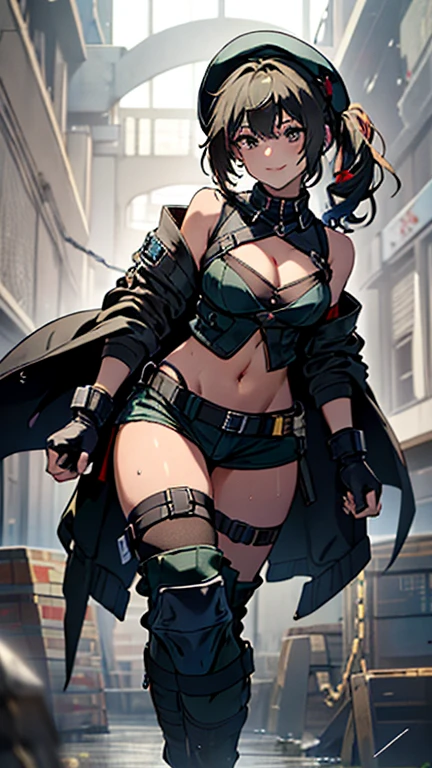 ubel,dark green hair,long hair,side (ponytail:1.3),hair between eyes,bangs, (red beret, black jacket, open clothes, cleavage, midriff, black shorts, black thighhighs, thigh strap, fingerless gloves, single glove:1.2), Photo,sharpness, F1.6 lens,hyper-realistic textures,spectacular light textures, Cinestil 800 Fashion Mechanics,(((Beautiful woman with left leg restrained and hung by chains))),Appearance,Beautiful girl with accentuated slender abs: 1.3,six-pack abs: 1.2, Bust Botox,Standing on tiptoe, long legs,Long brown hair fluttering in the wind,Brown hair, Long hair, Female Warrior Costume,(No panties,No bra),(tacticul battle fashion,elbow and knee tacticul battle fashion, battle glove: 1.1),((cute batre costume)),The belly comes out and the navel is visible,Thin sheer costume, combat gloves,shredded costumes,cyber long combat boots with golden knee pads,Anatomical,(futuristic sci-fi battle fashion, new elbow and knee cyberpads, new cyberlong boots, new cybergloves: 1.1),(tied perfectly by iron chain), Restraint, Slave, collars, contempt, (Chained), 4 chains hung from heaven, Metallic shackles and fetters, wet crotch clearly visible,((Hands are restrained above the head)), the neck is chained,Chain from left knee to heaven,Chained by rusty iron chains,((the tip is protruding, areolas protruding,The shape of the pubic harearea is clearly visible:1.2)),Sweating,Wet,Wet crotch,Wet thighs,Junkyard, Realistic, (cute, perfect clothes, skimpy clothes, cute: 1.3) ,Vast miritary base in us,((wide mirtary hospital with summer sunlight)), peeling ceilings, Rebar between, Realistic material details, Extreme details, Ultra-realistic materials,narrow waist,(with sparkling eyes and a contagious smile:0.9),looking at viewer,
