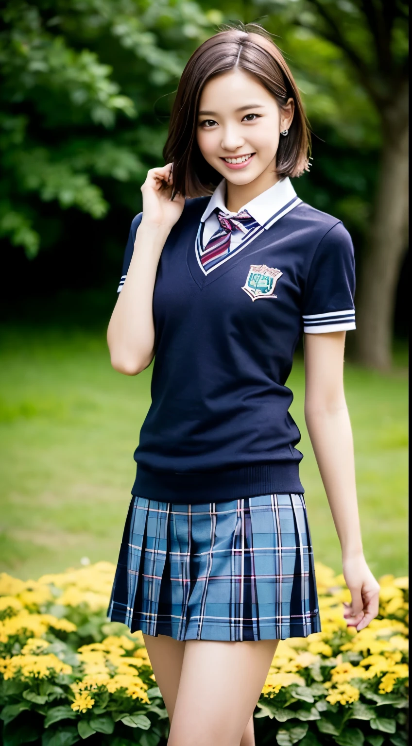 An 18-year-old high school girl wearing a white shirt and a light blue plaid miniskirt..(black hair)